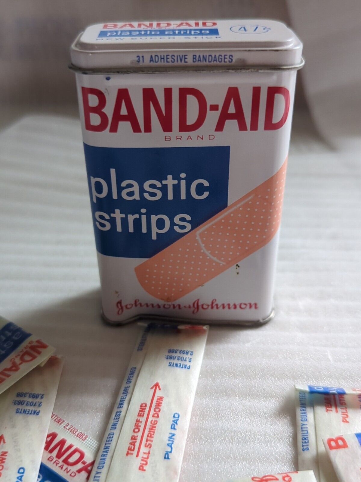 Vintage Metal Band Aid Box Tin With 13 Plastic Strips In Wrapping By Johnson & J