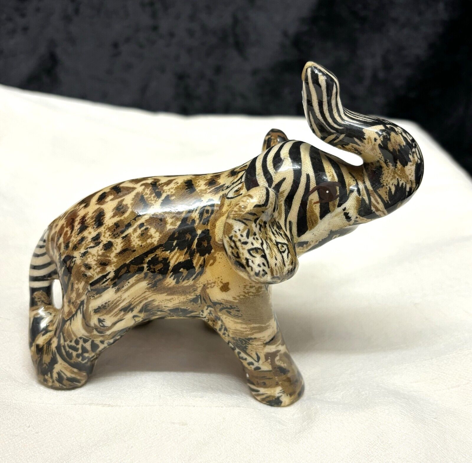 La Vie Elephant Glazed Porcelain Figurine Safari Patchwork Leopard Face Ear  EUC