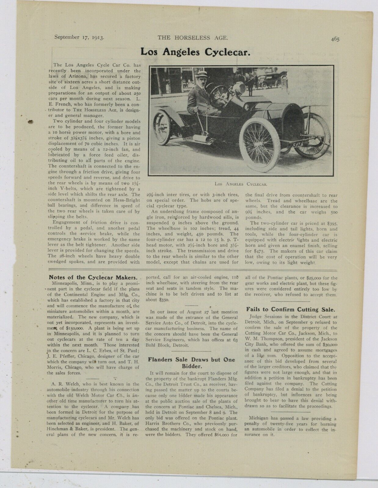 1913 Los Angeles Cycle Car Co. Story & Pic: Specs & Price - Friction Drive