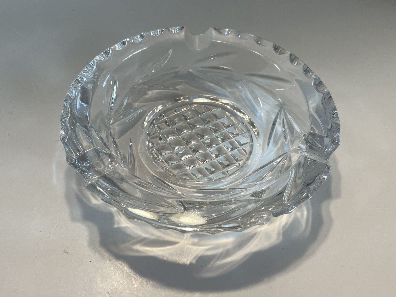 Vintage Cut Glass Ashtray Round Shape 3 Slots Diamond and Leaf Pattern