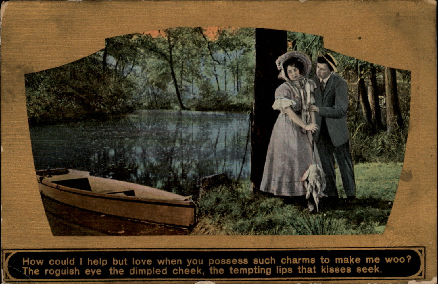 Romantic Couple by stream rowboat parasol ~ 1910 vintage postcard sku201