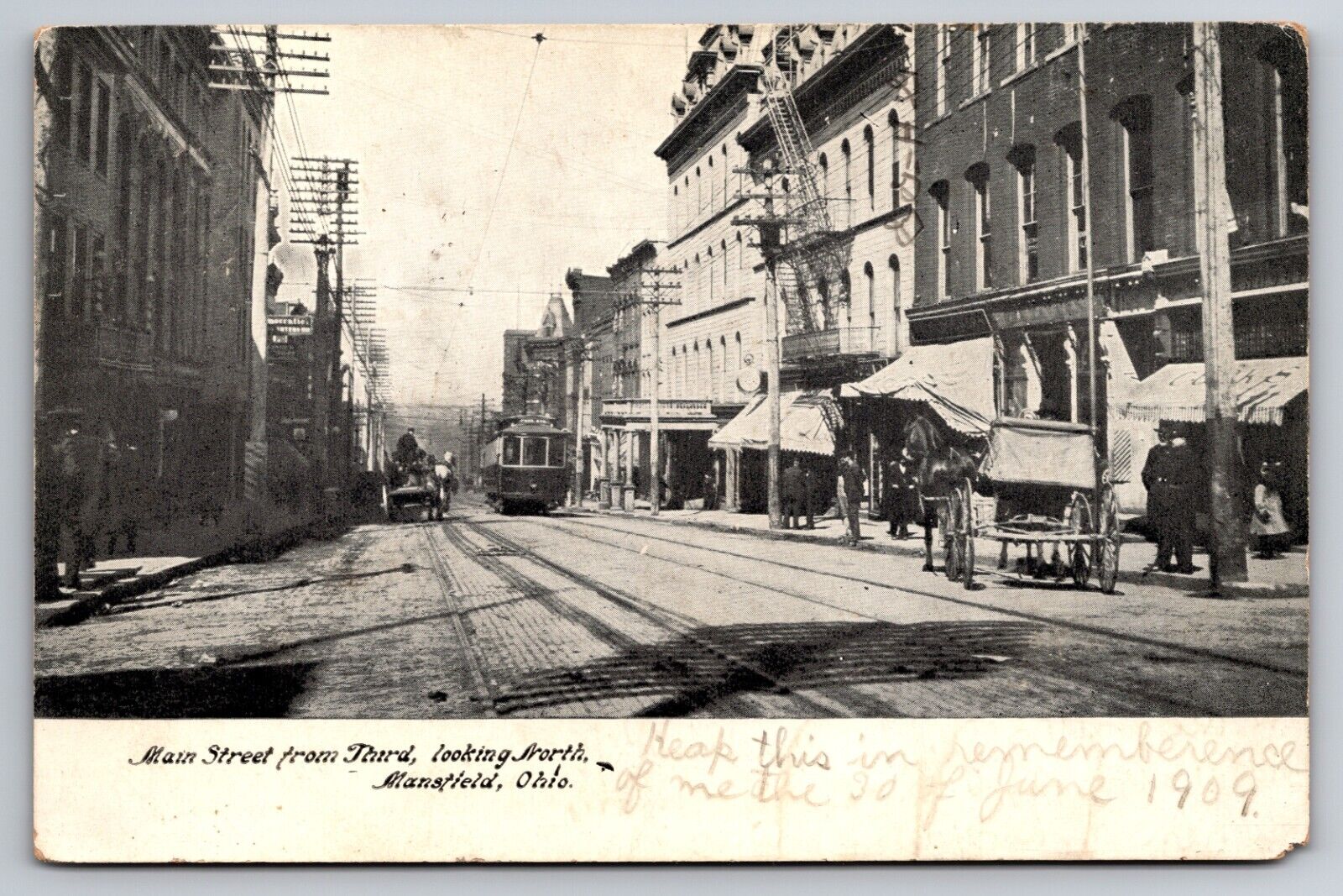 Main Street from Third Mansfield Ohio OH Trolley 1909 Postcard