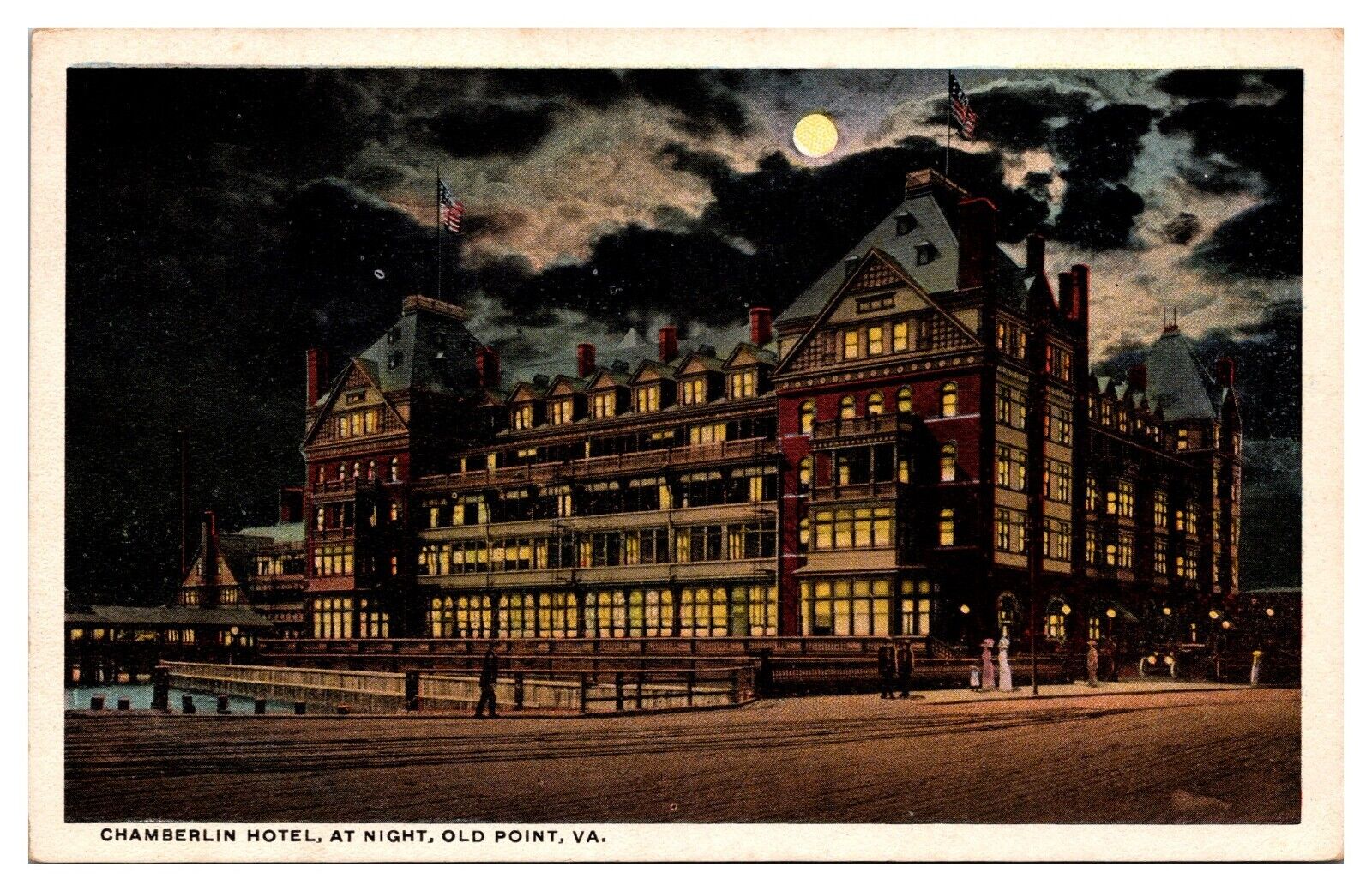 Antique Chamberlin Hotel at Night, Old Point Comfort, VA Postcard
