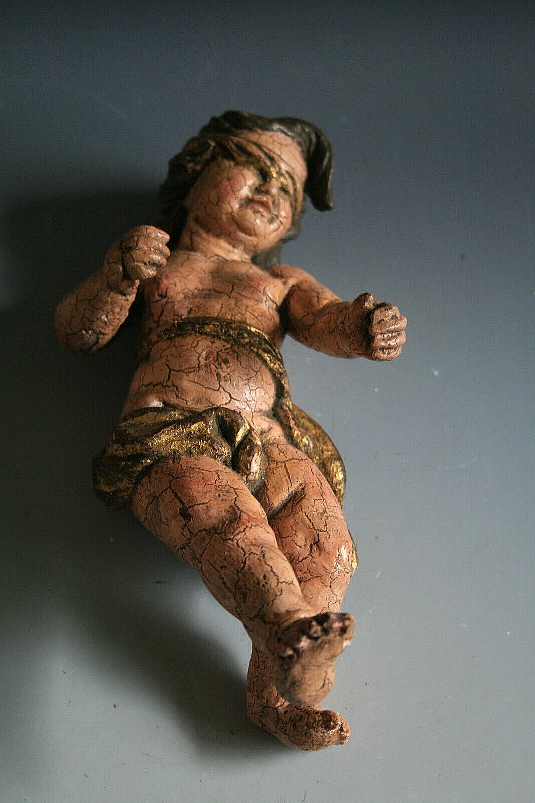 ANTIQUE 18TH CENTURY CARVED AND PAINTED WOOD CHERUB / PUTTI / ANGEL