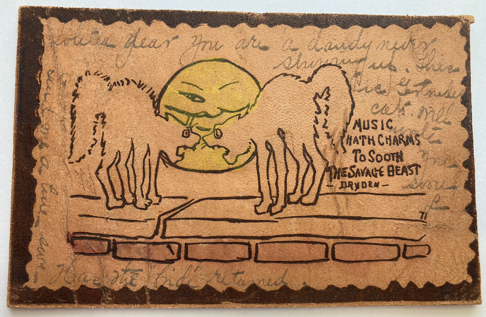 c1906 Leather Postcard Music Hath Charms To Sooth The Savage Beast, Cats