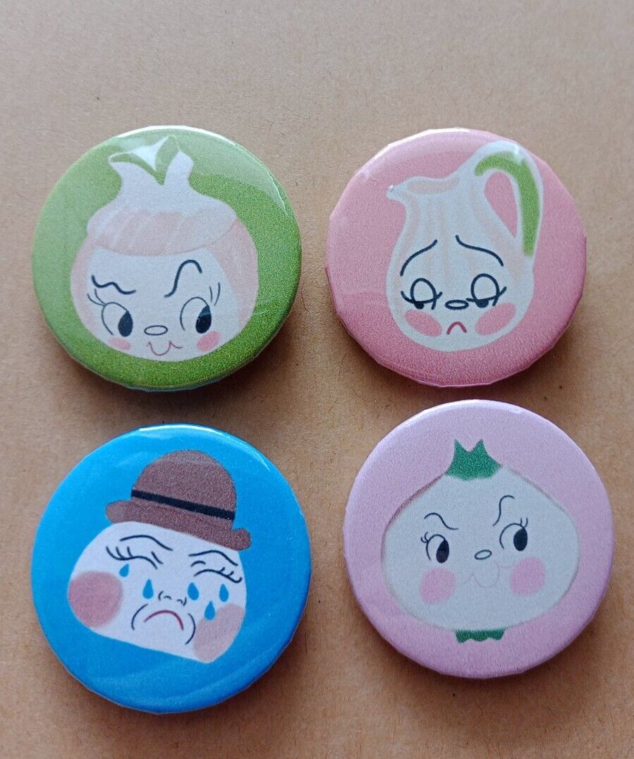 Vintage Inspired Pin Back Buttons Lot, Anthromorphic Onion Deforest Pottery