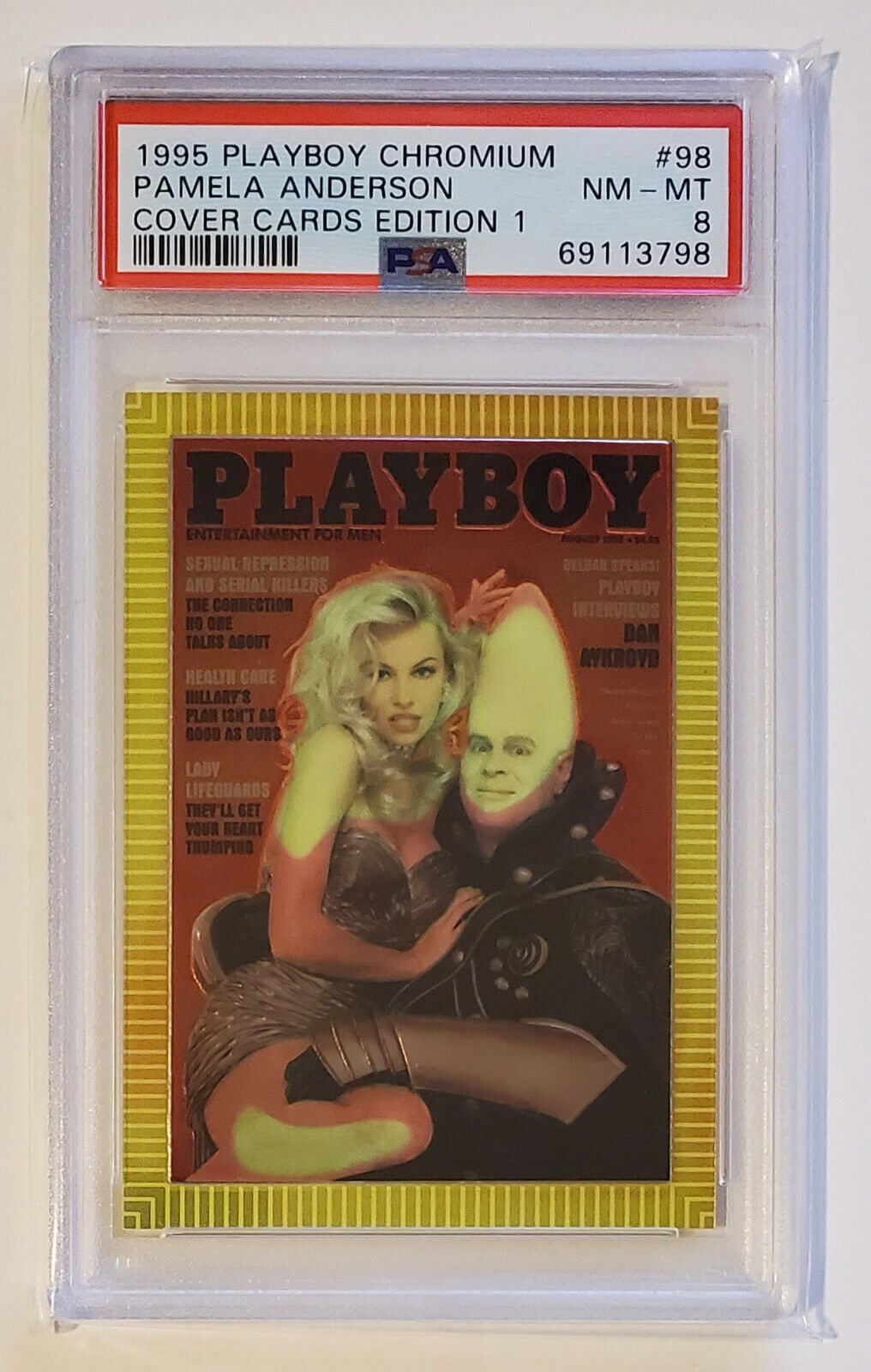 Pamela Anderson / Dan Aykroyd - 1995 Playboy Chromium Cover Card #98 PSA 8 NM-MT