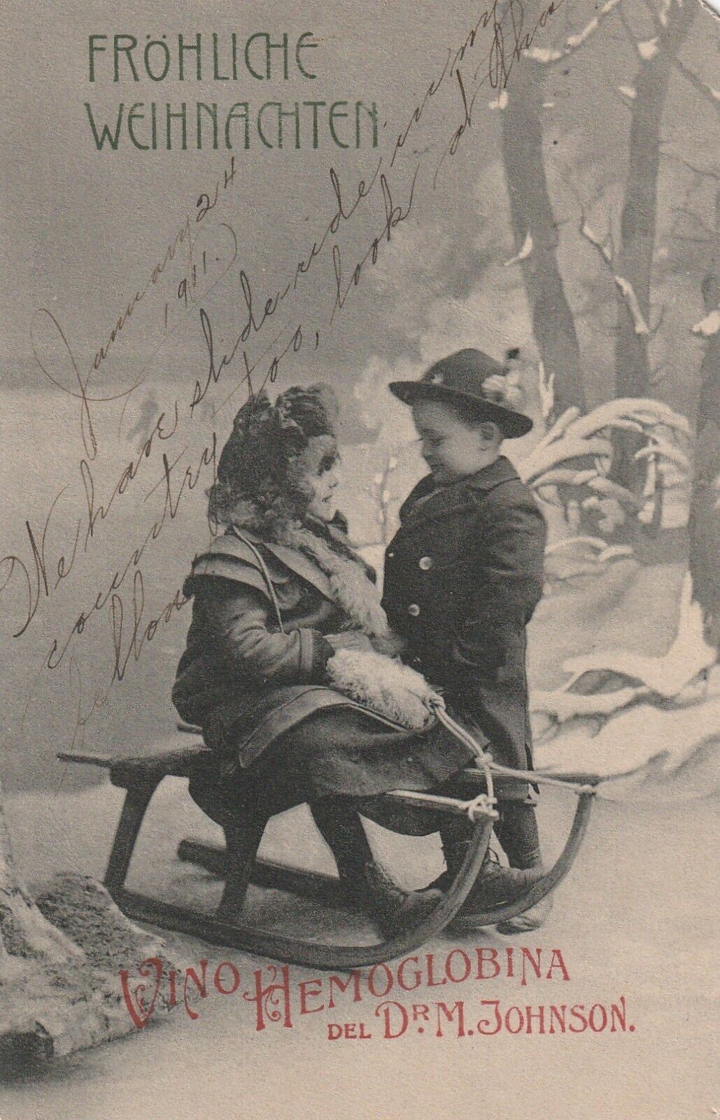 1911 German Card W Cute Little Boy and Girl on a Sled...a116