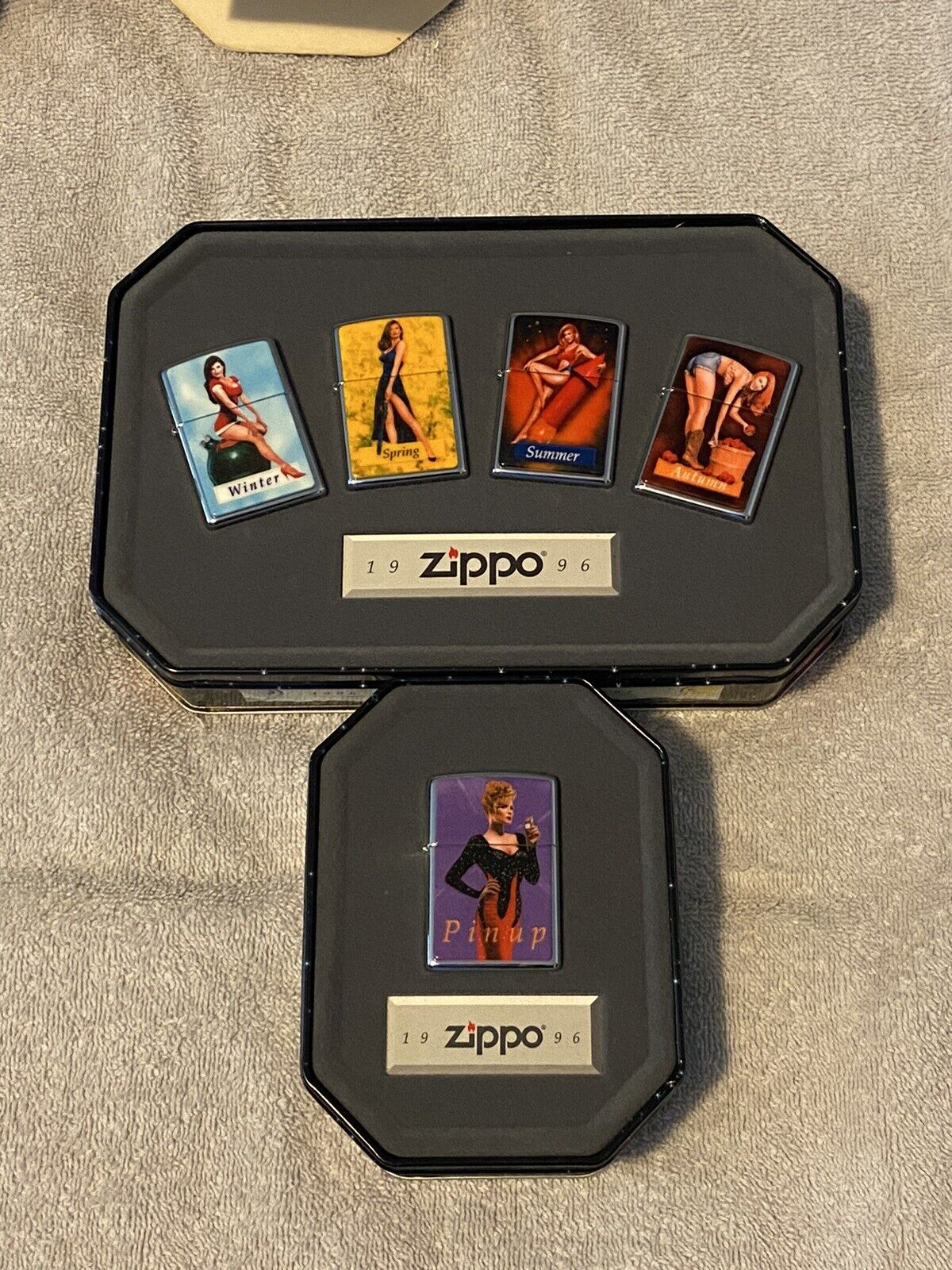Vintage ~1996 Zippo Salutes Pinup Girls Four Seasons HP Chrome Zippo Lighter Set