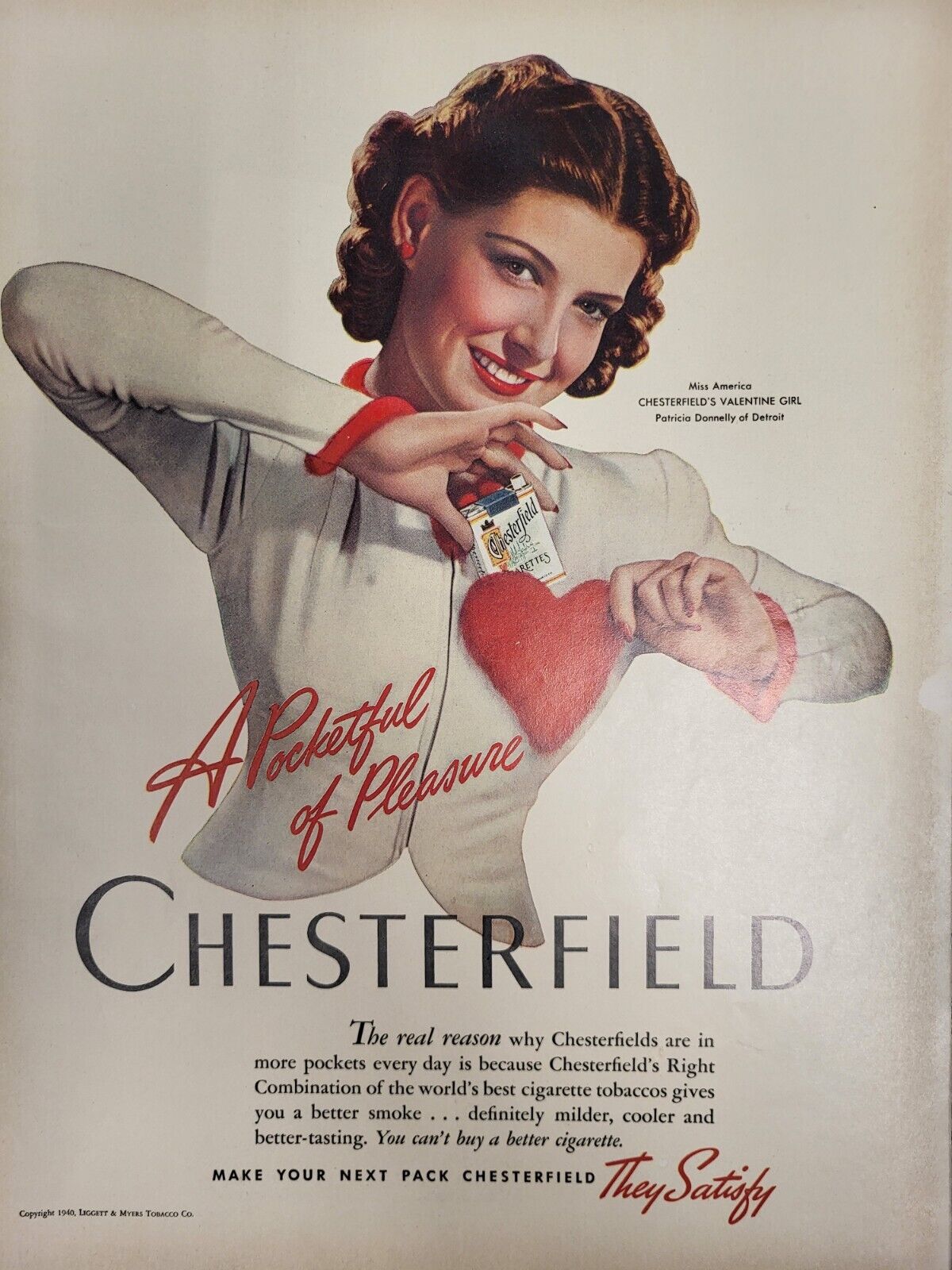 1940 Chesterfield Cigarettes Print Advertising LIFE Miss America Valentine Girl