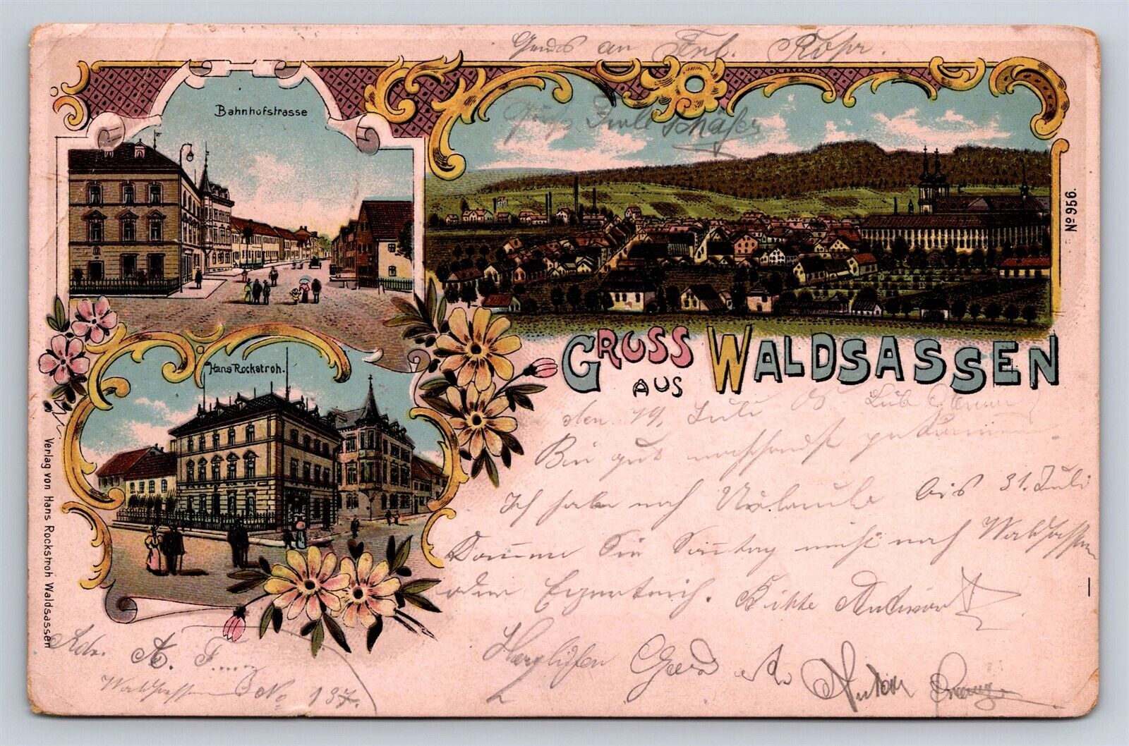 Postcard Germany Gruss aus Waldsassen Bahnhofstrasse Litho Vignettes c1905 AD30