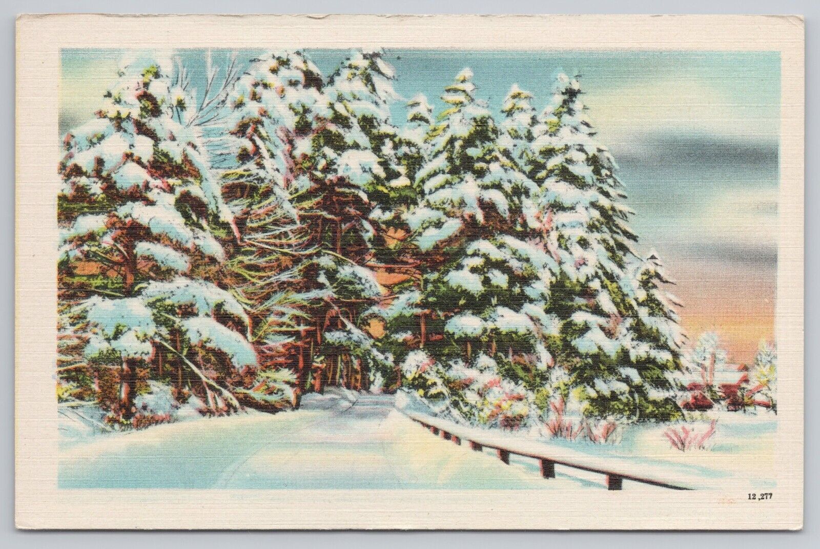 Postcard Snowy Road Entering a Grove of Pines with Cabin in Distance, Vintage