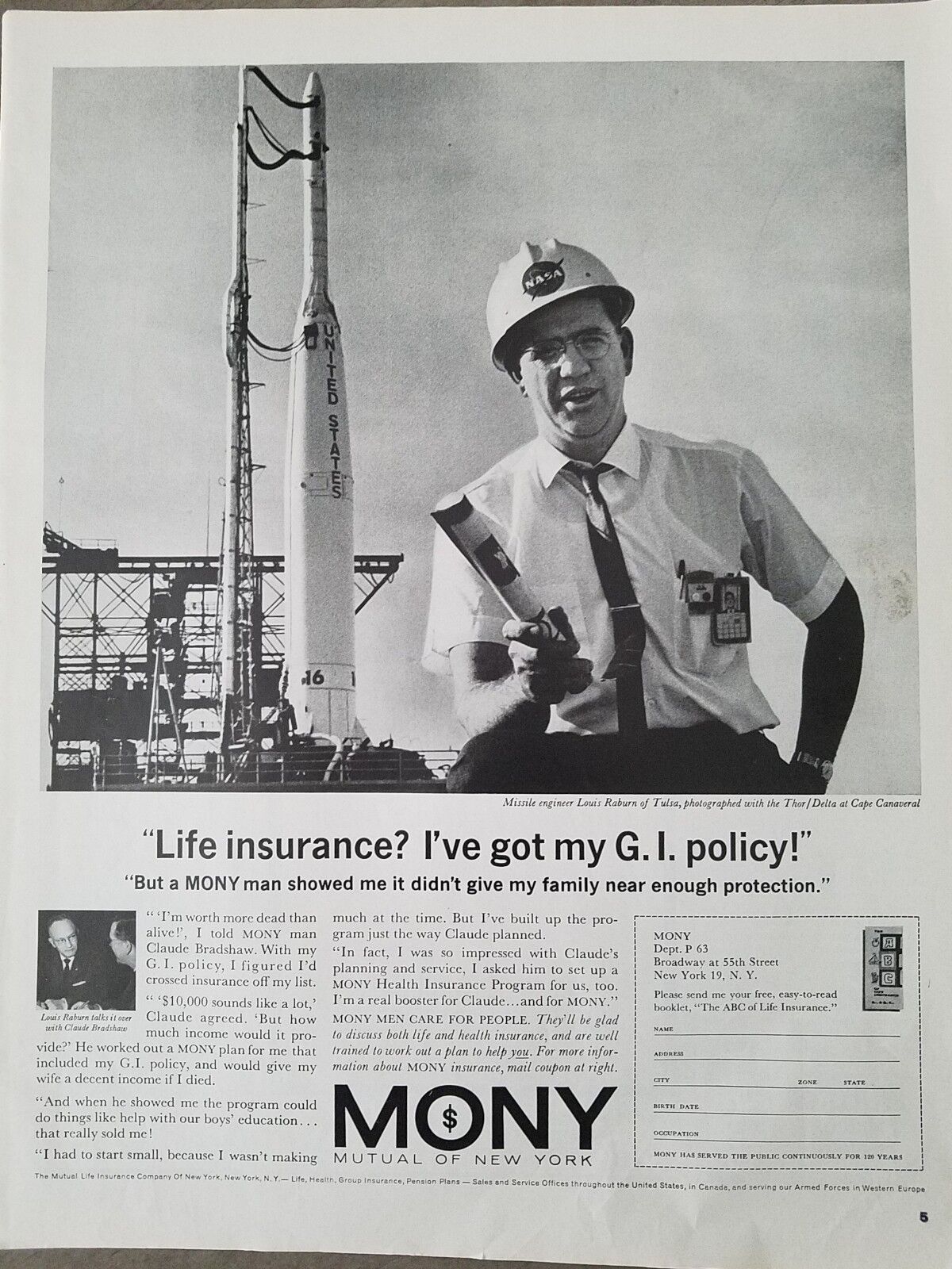 1963 Mony Mutual life insurance missile engineer Delta Cape Canaveral ad