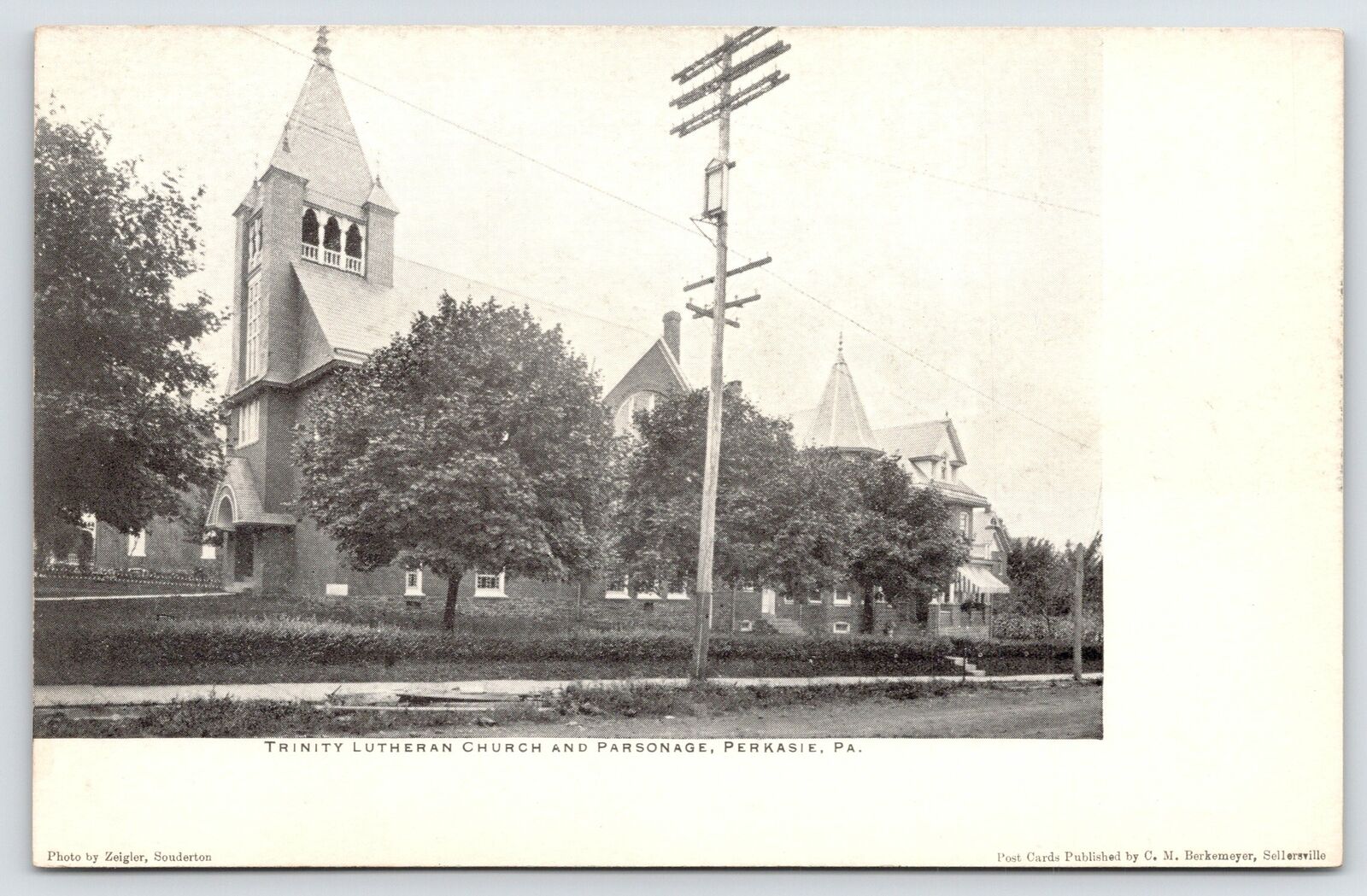 Perkasie PA Power Pole~Tree-Lined W Chestnut~Lutheran Church & Parsonage c1910