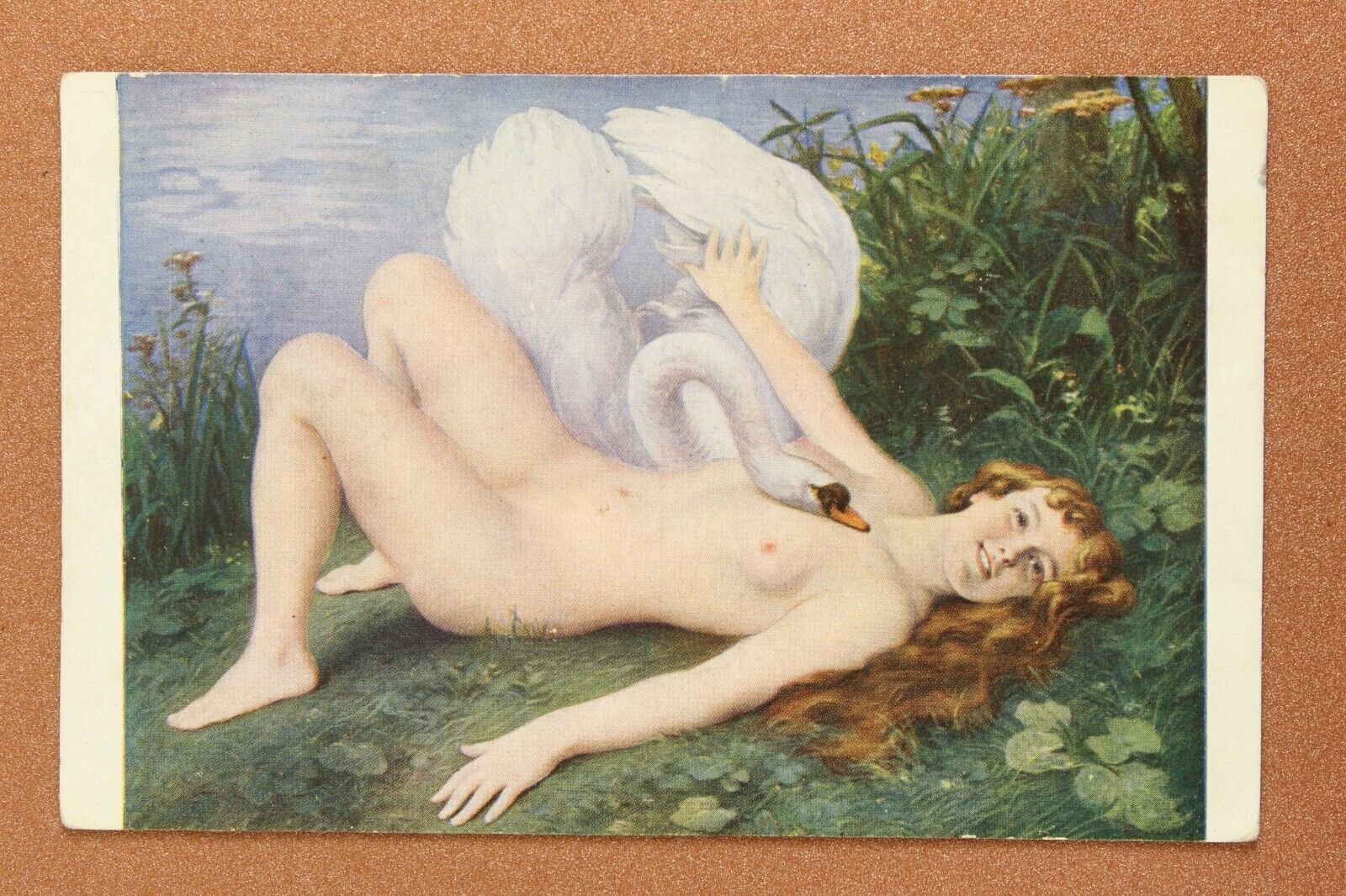Glamor Antique SALON postcard 1909s Nude woman Beautiful Leda. White swan