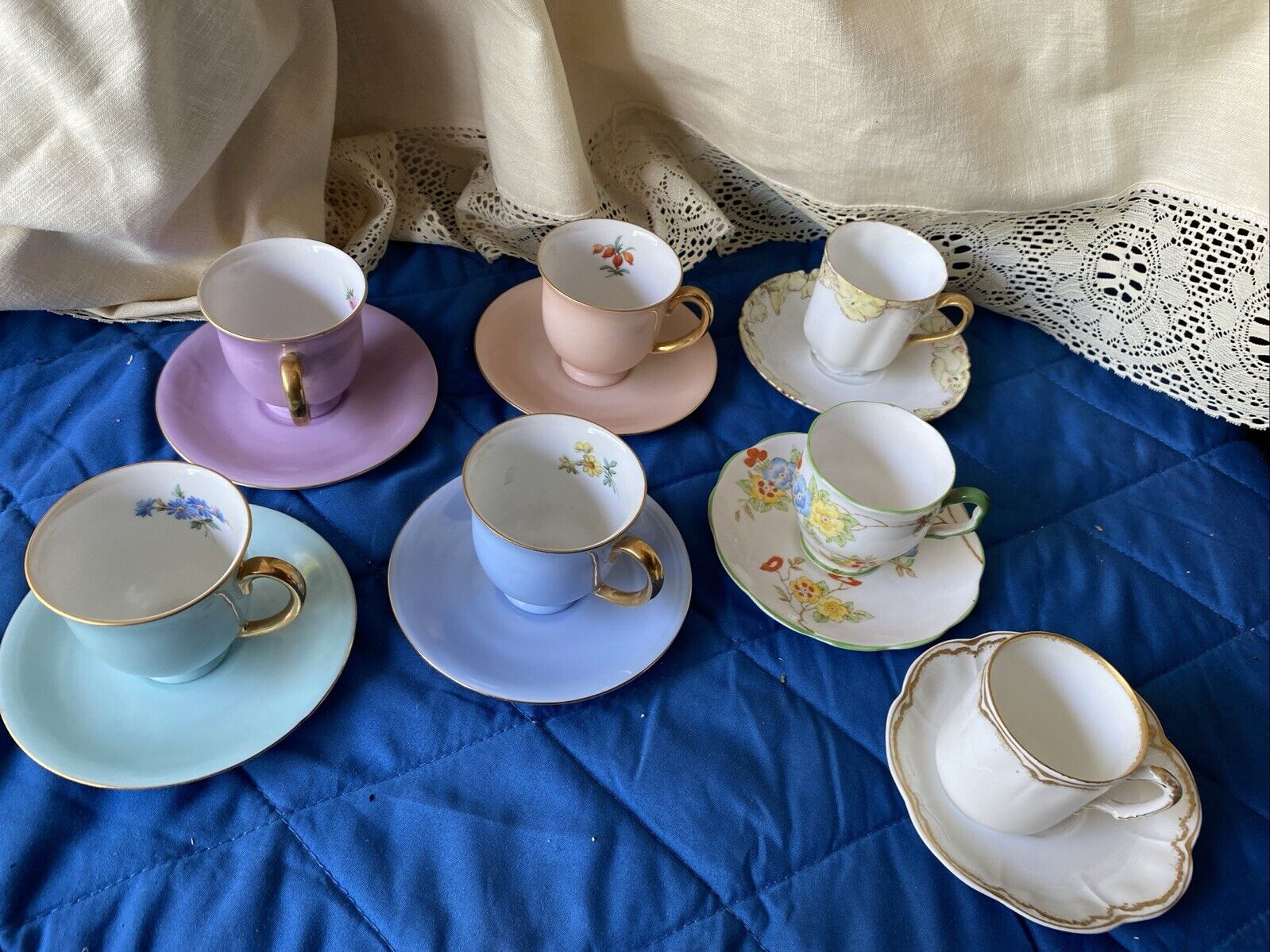 Vintage Estate, mixed Lot of 7  Cups & Saucers Porcelain Assorted Colors