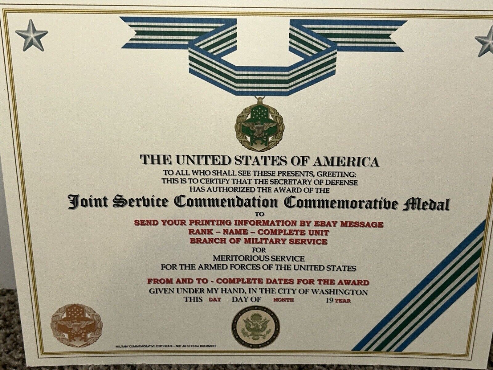 JOINT SERVICE COMMENDATION MEDAL COMMEMORATIVE CERTIFICATE ~TYPE-2 w/PRINTING