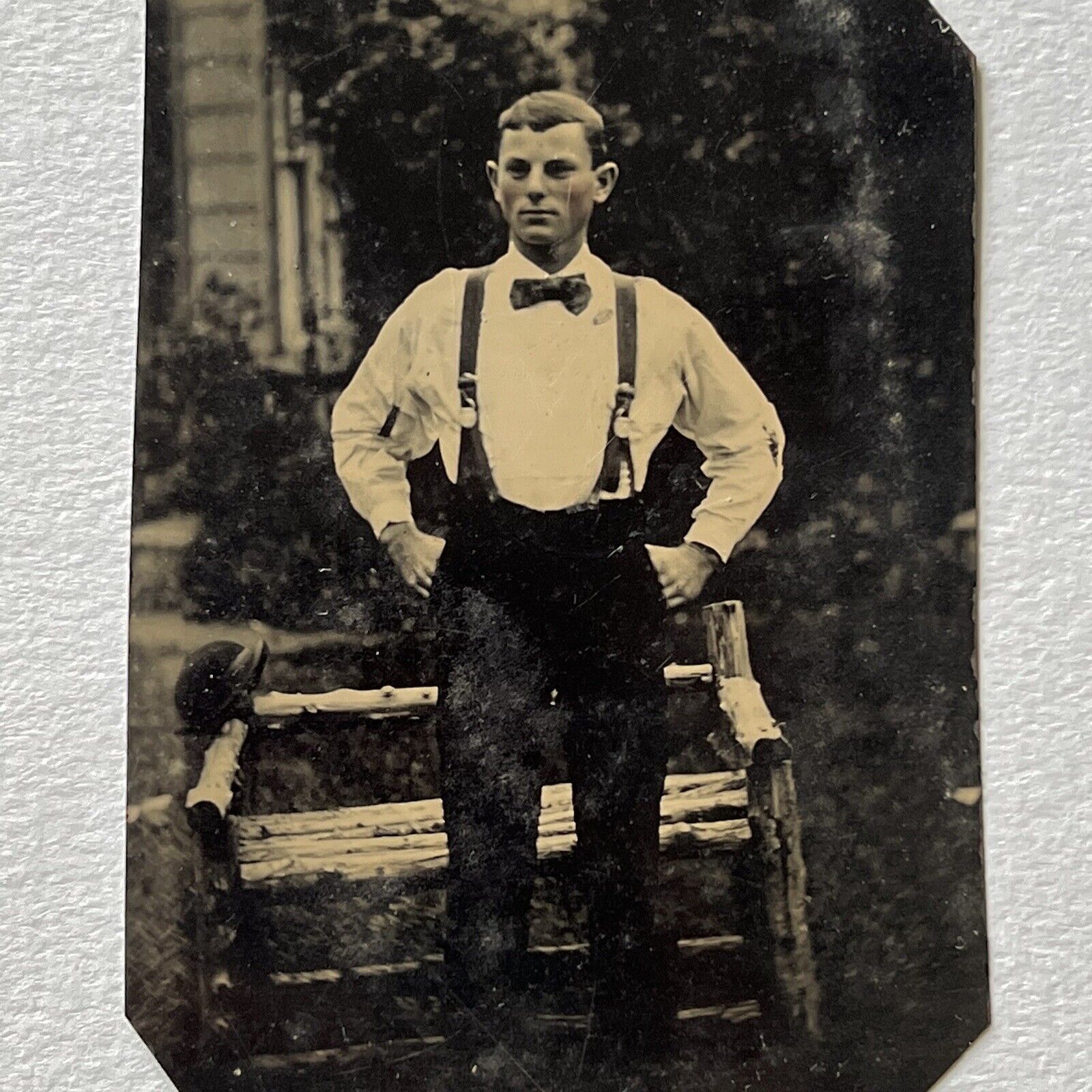 Antique Tintype Photograph Handsome Fashionable Young Man Suspenders Outside