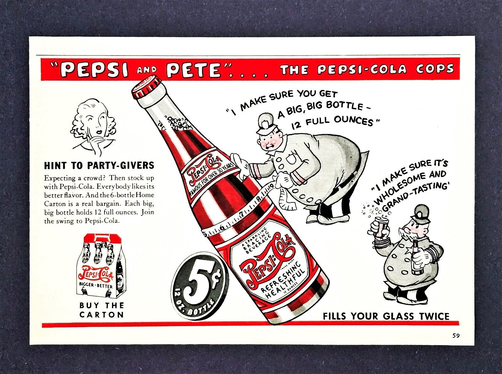 Vintage 1940 Pepsi Cola ad orignal pepsi and pete cops half pg advertisement