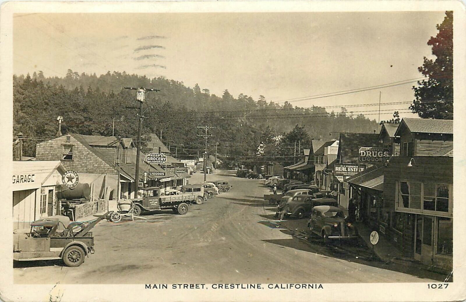 Postcard 1938 California Crestline Main Street autos Gasoline Motors CA24-3569
