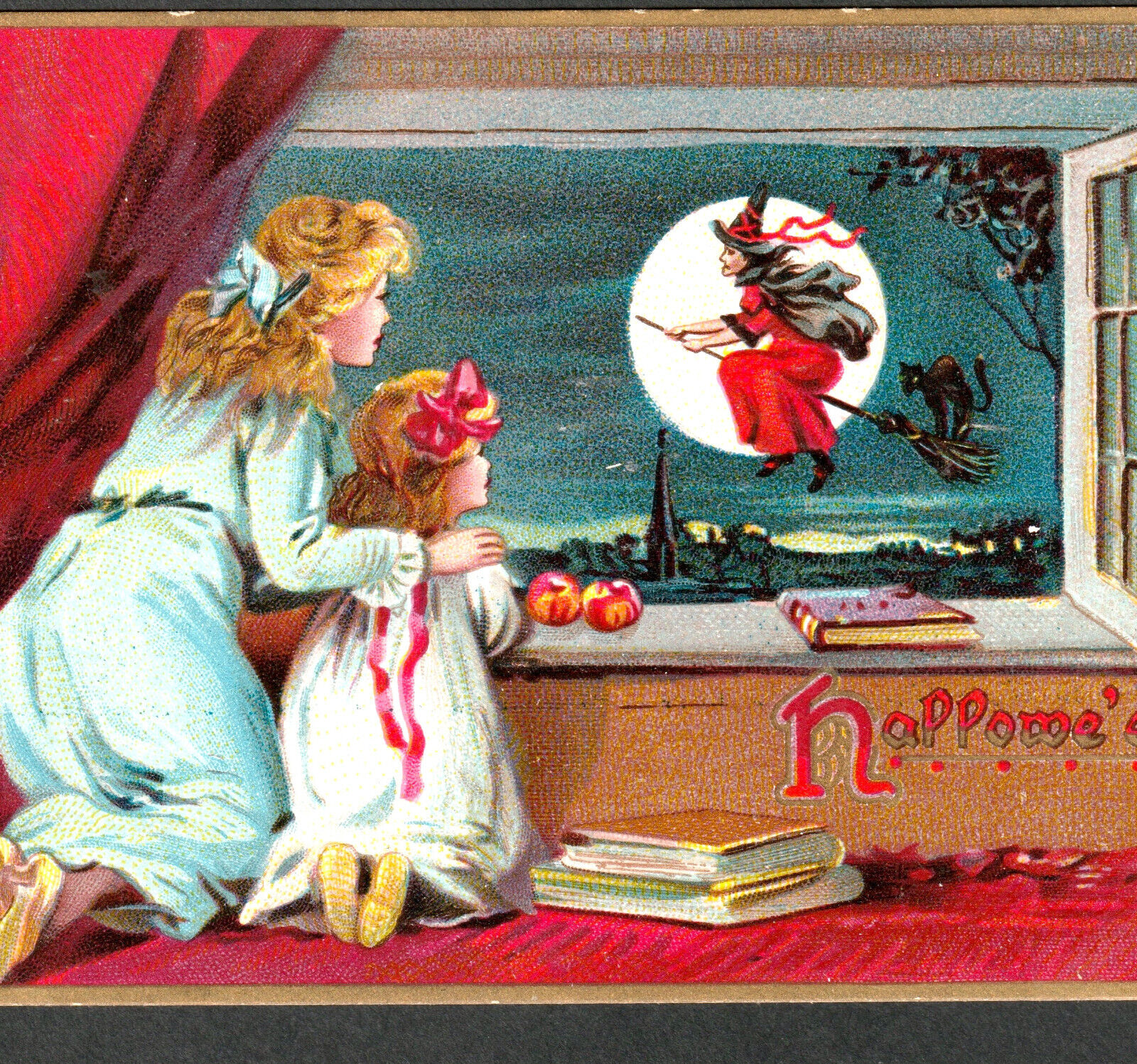 Halloween 1908 Witch Girls Window Tuck Series 150 Broom Moon Cat Apple PostCard