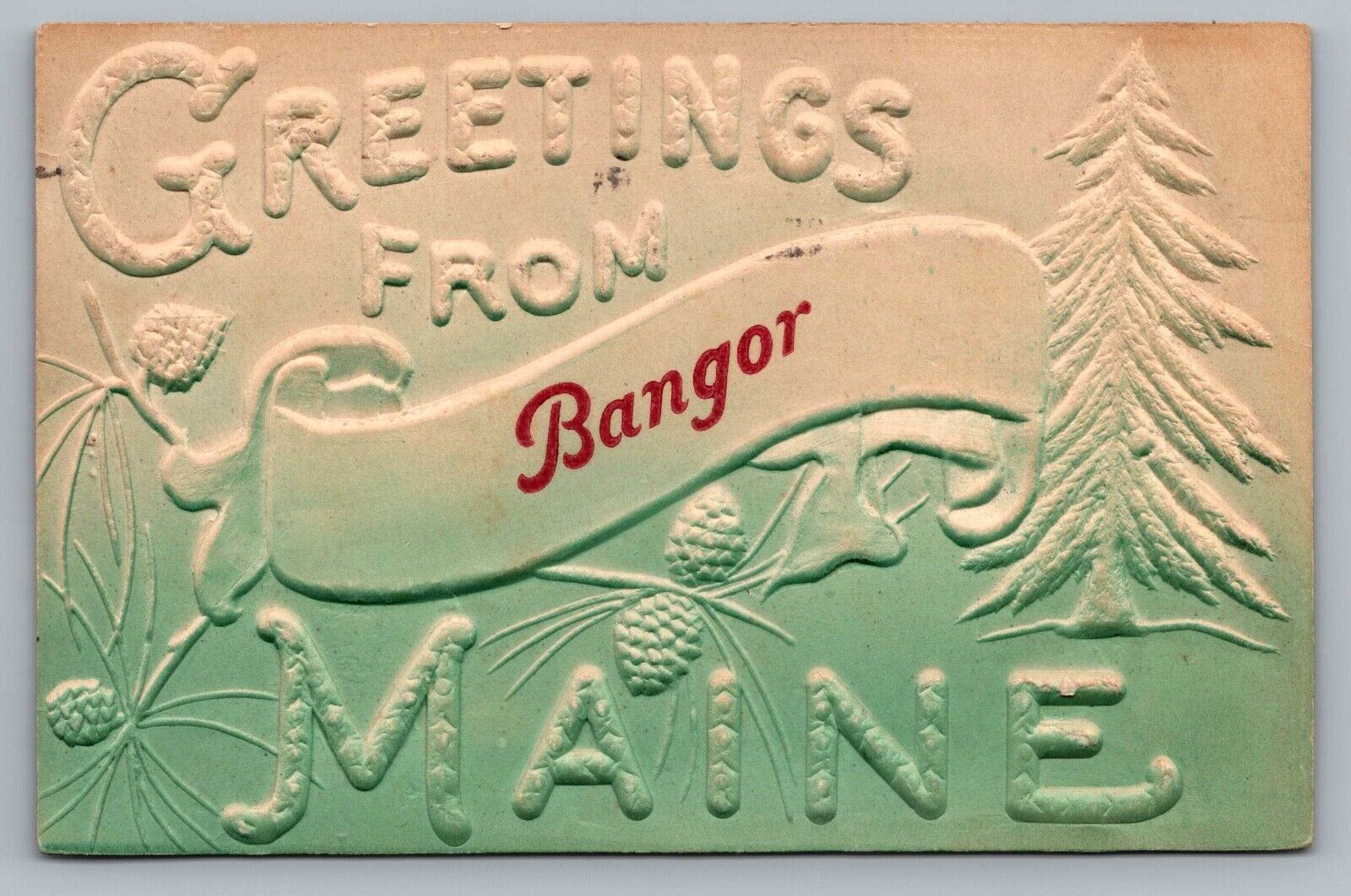 c1910 Greetings From Bangor Maine ME Airbrush Embossed Antique Vtg Postcard C6