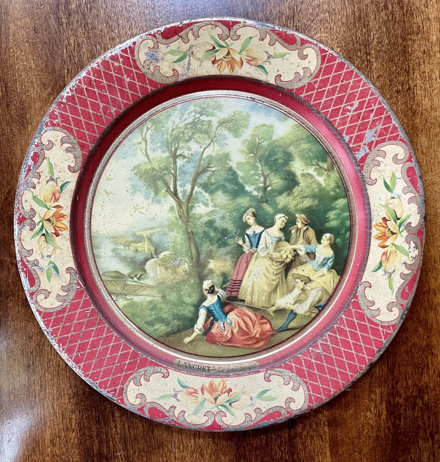 Vintage Daher Decorated Ware LANCRET Renaissance Scene Tin Plate Belgium Worn 8”