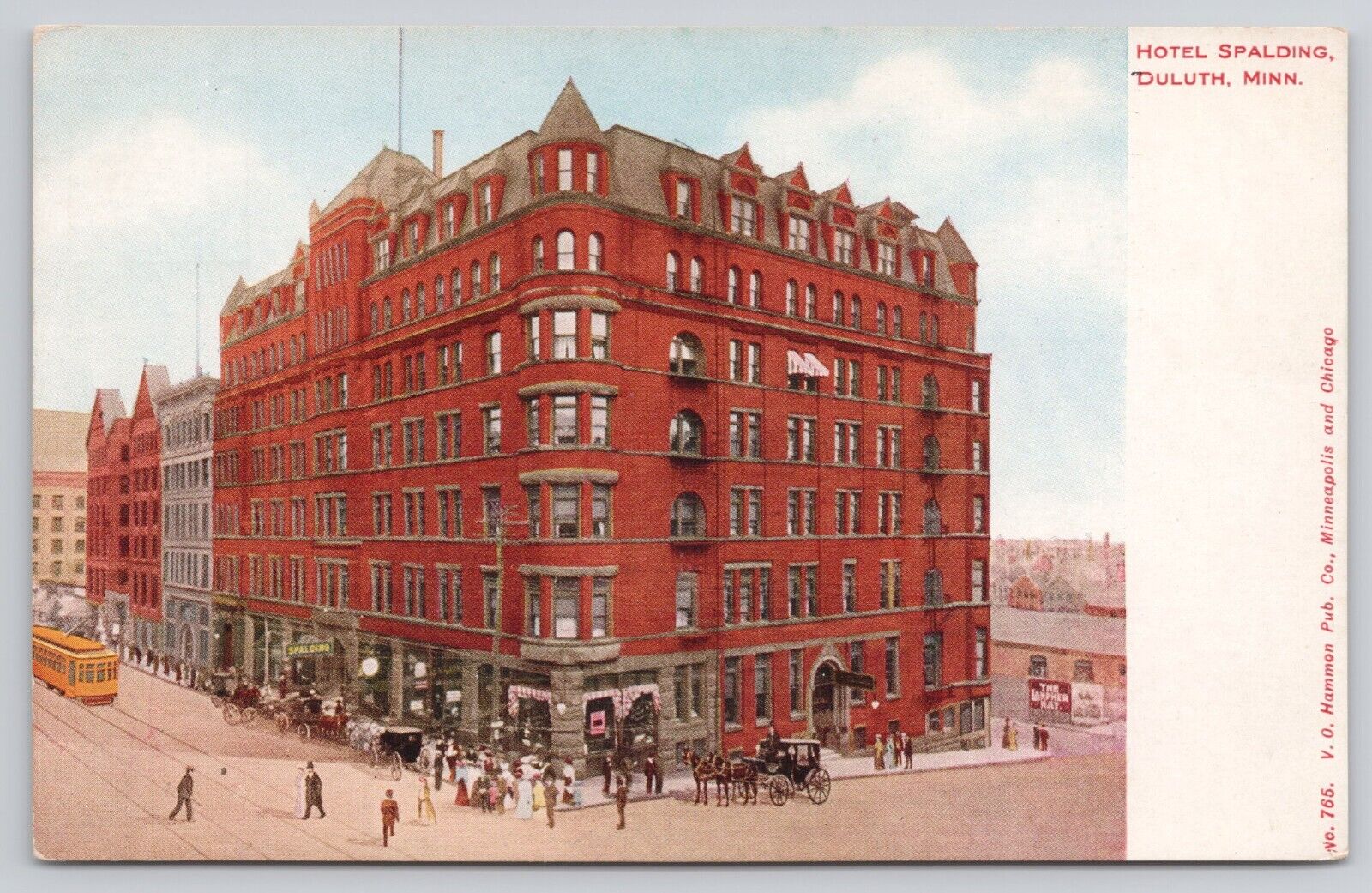 c1907 Duluth MN Minnesota Hotel Spalding Horses Streetcars Unposted Postcard