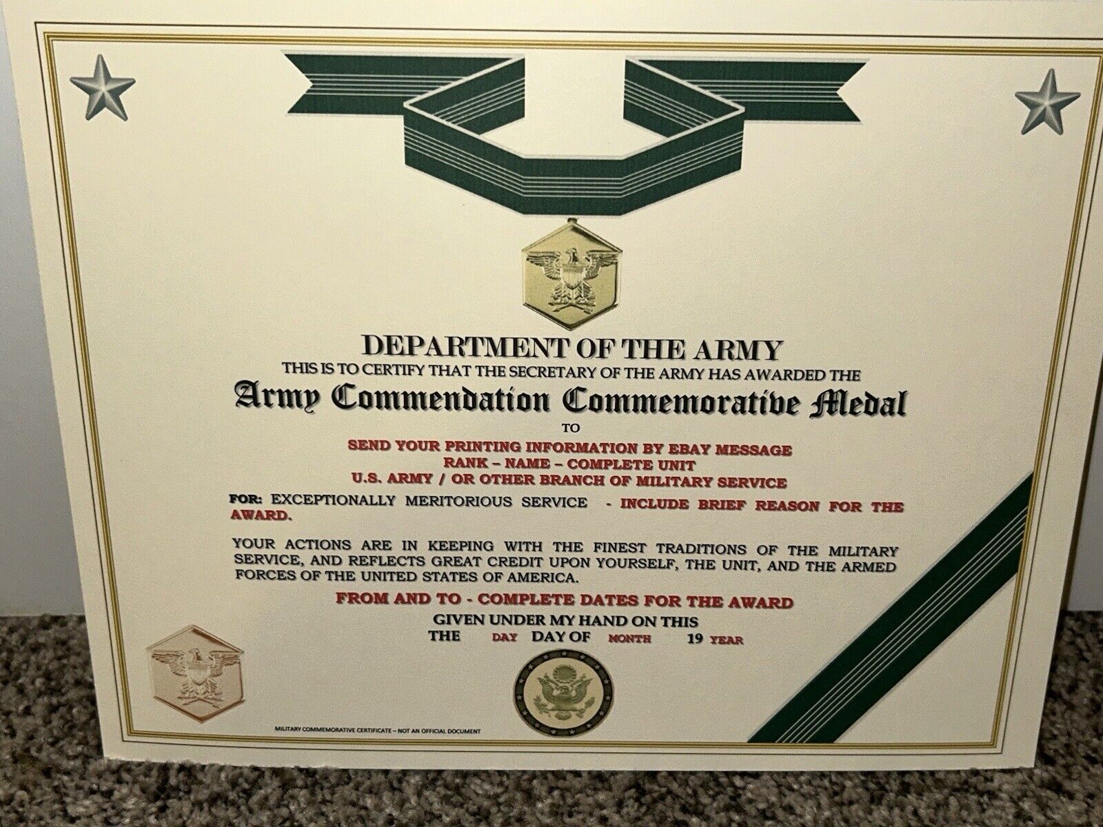 ARMY COMMENDATION MEDAL COMMEMORATIVE CERTIFICATE ~ TYPE-2 w/PRINTING