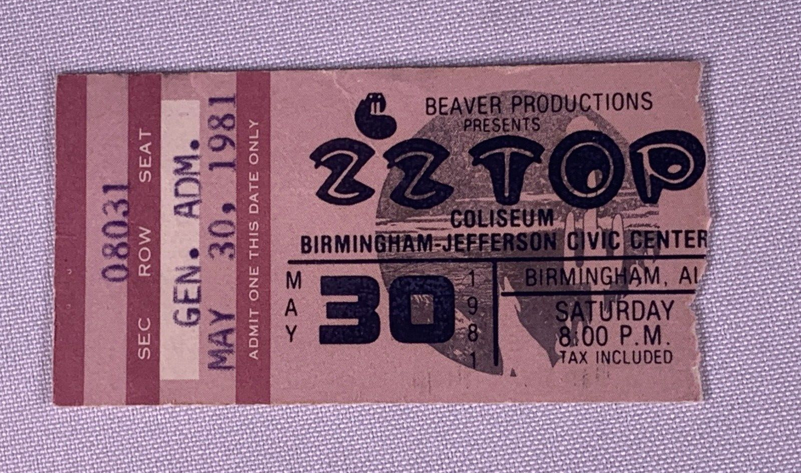 ZZ Top Dusty Hill Ticket Original Vintage El Loco-Motion Tour Birmingham 1981