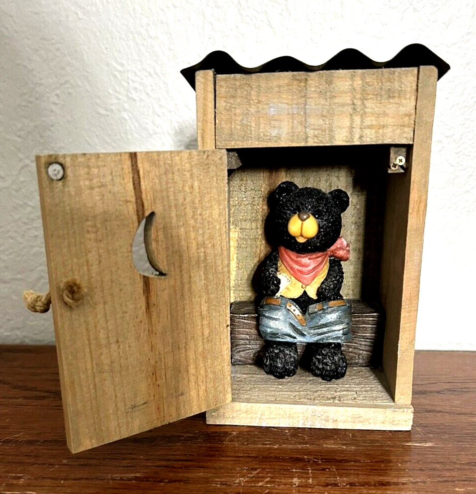 Vintage Bear Figurine in Handmade Wooden Outhouse with Metal Roof Novelty