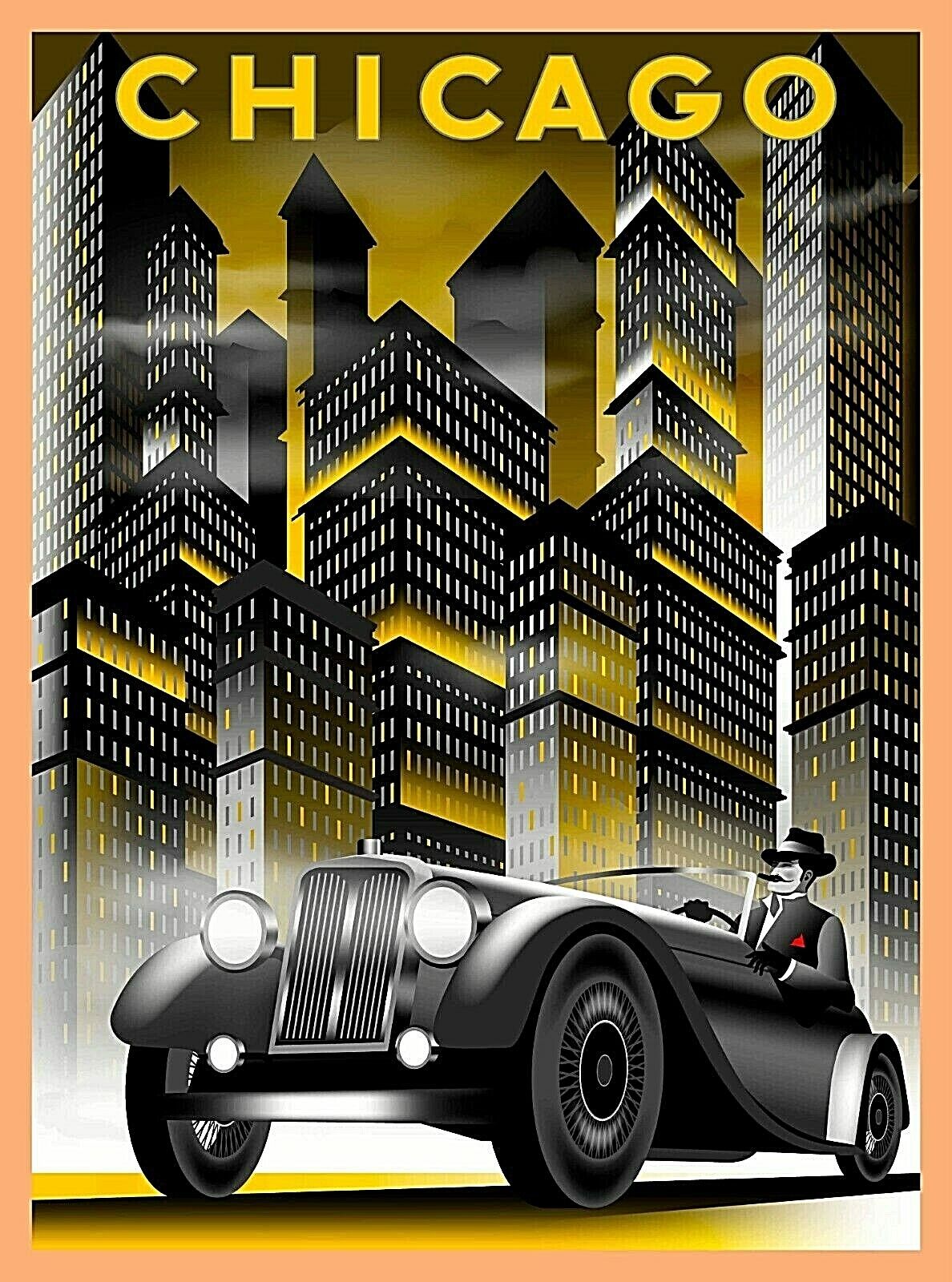 Chicago Illinois Car & Buildings Retro Travel Art Deco Poster Print