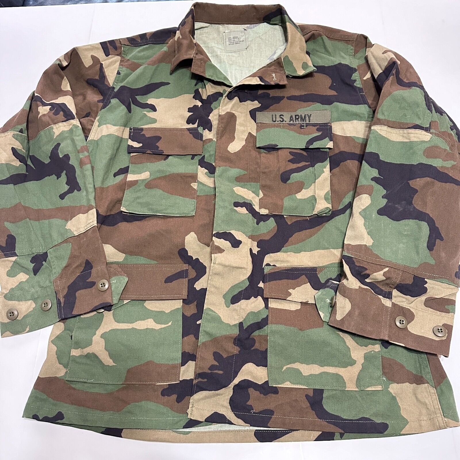 NOS US Military US Army Woodland BDU Camo Shirt Large Regular 8415-01-084-1656