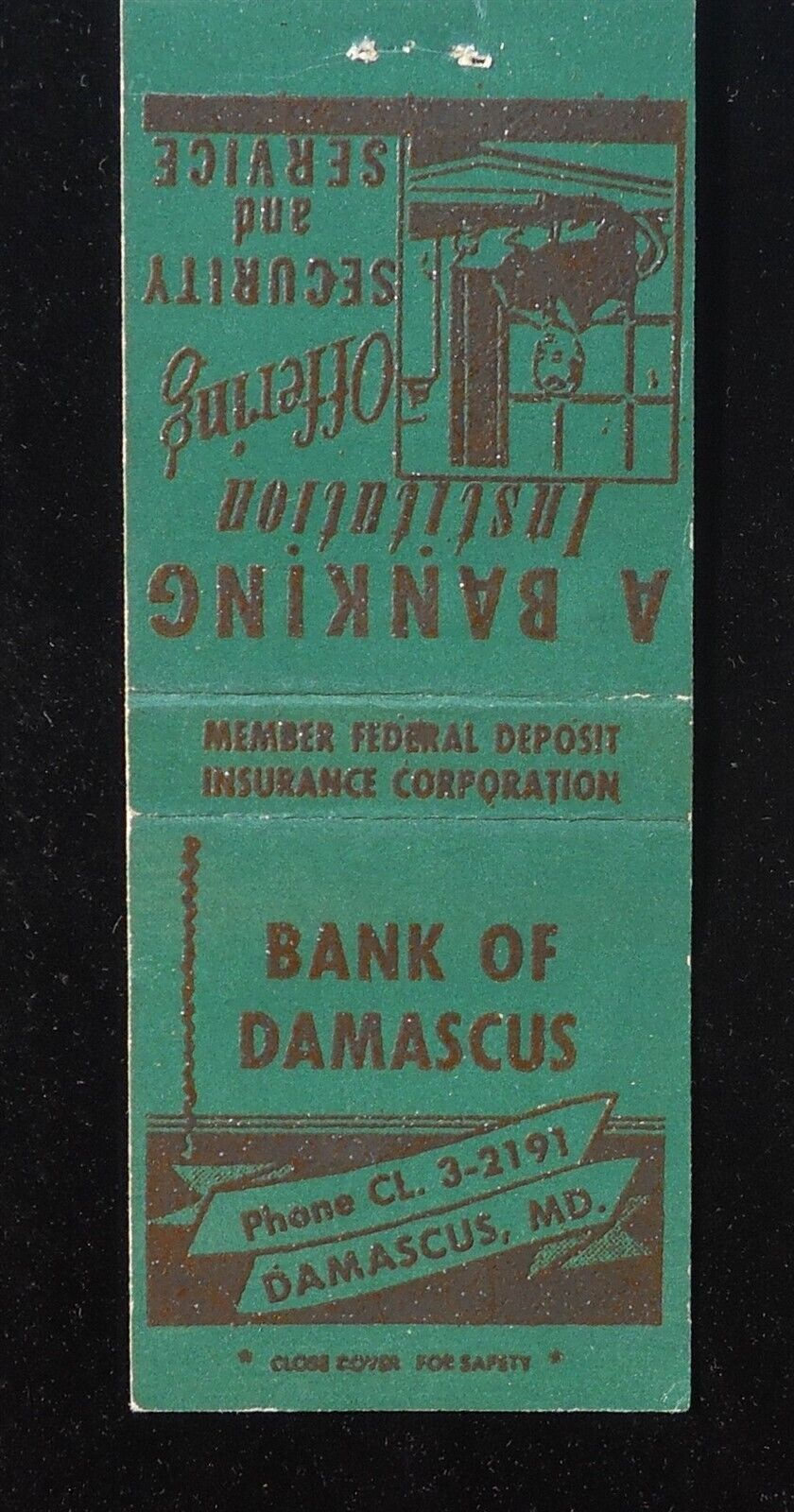 1960s Bank of Damascus Member FDIC Damascus MD Montgomery Co Matchbook Maryland