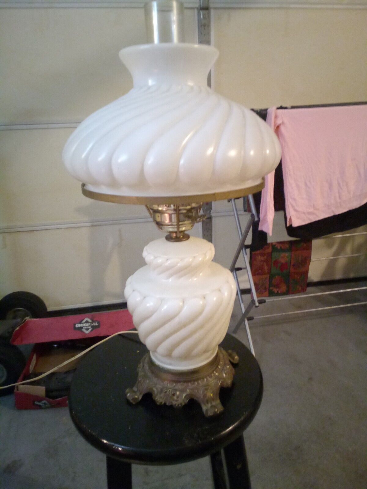 Vintage 1950s Original New York Hedco Inc Hurricane Milk Glass Lamp