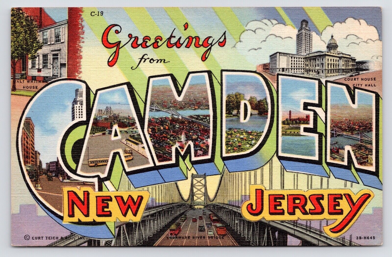 1940s Camden Large Letter Greetings Art Multiview Vintage New Jersey NJ Postcard