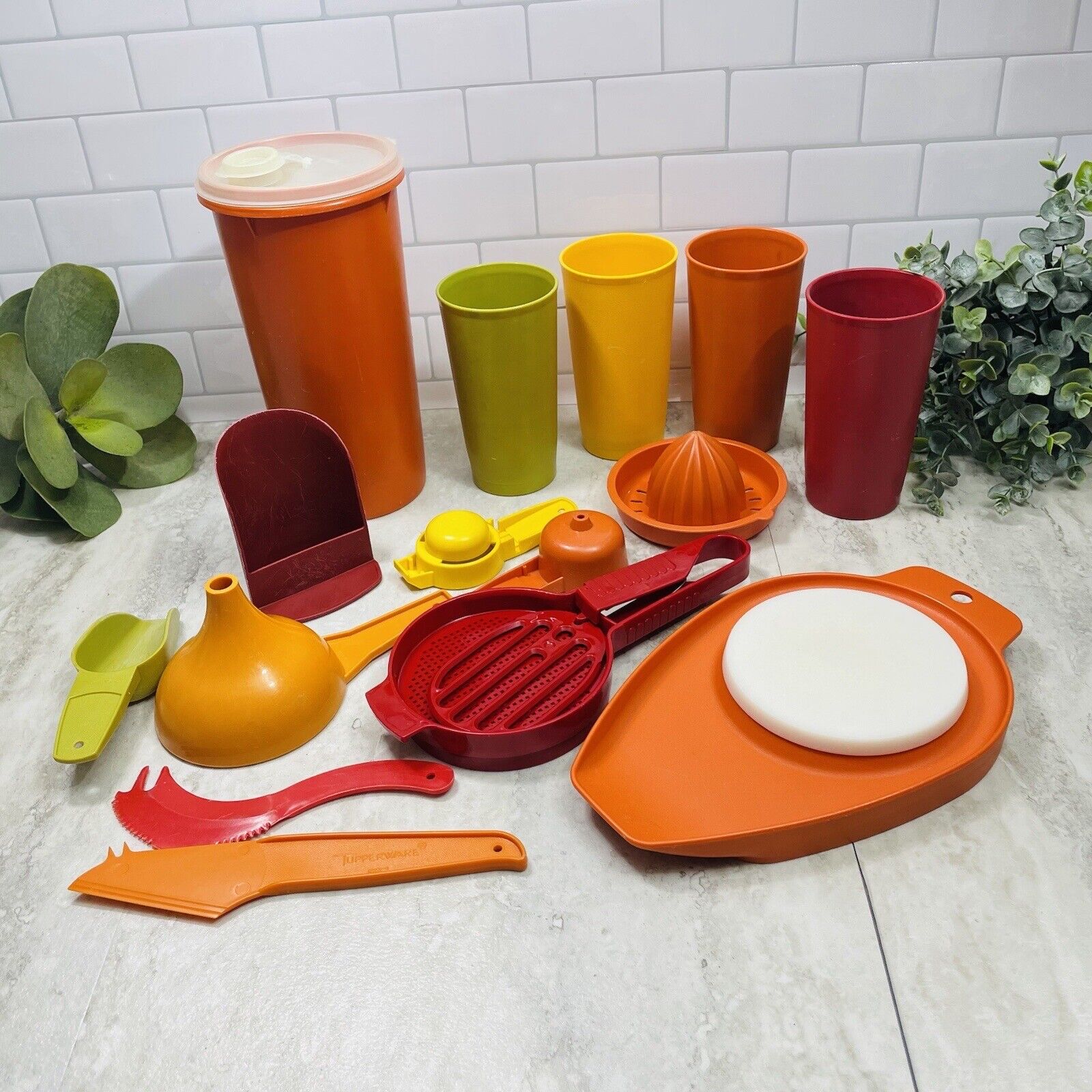 Vintage Tupperware Harvest Colors Tumblers Gadgets Huge Lot Of 15 Pc Orange Red