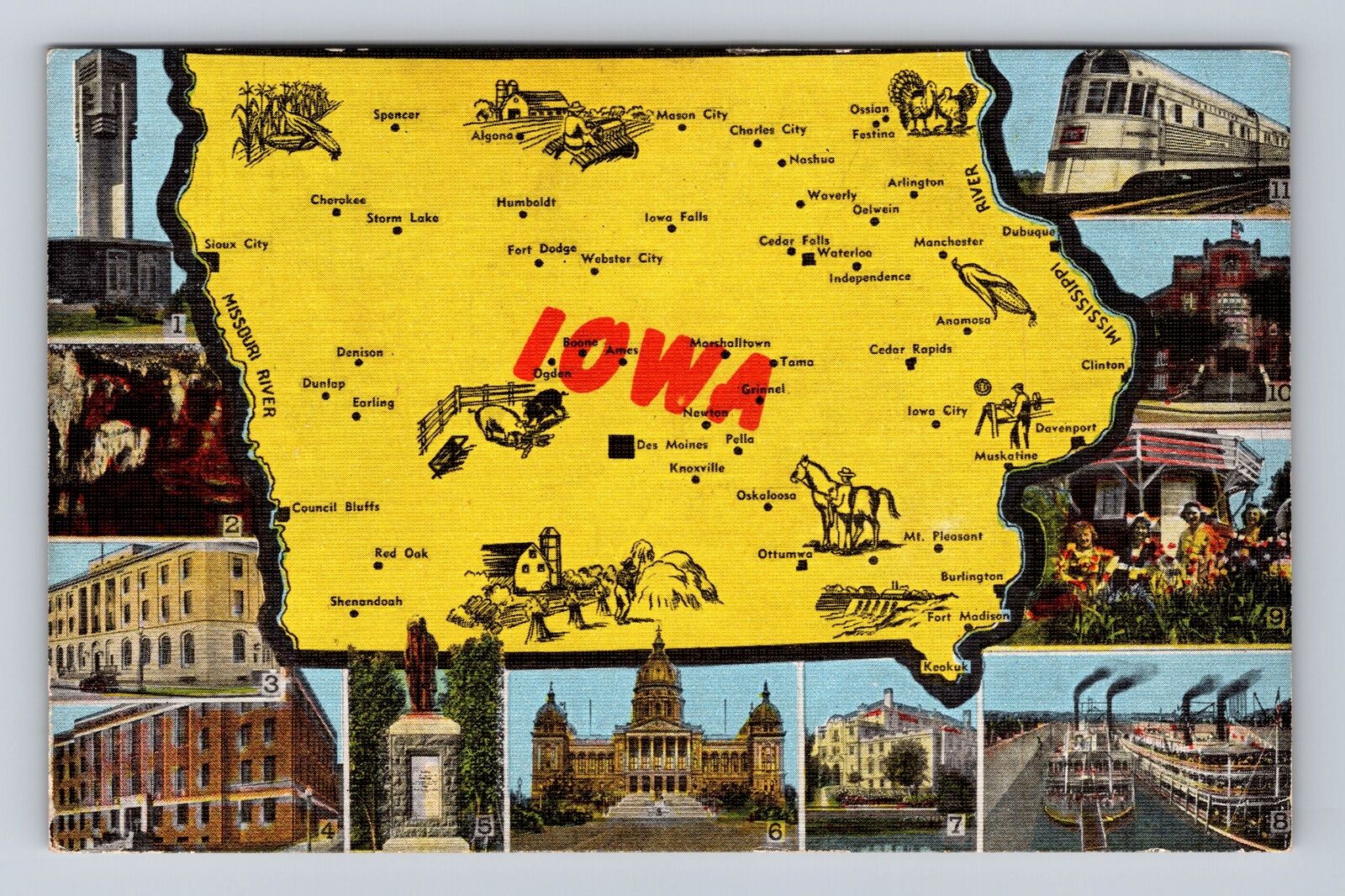 State Map Of Iowa, Cave, Post Office, Courthouse, Park, Vintage Postcard