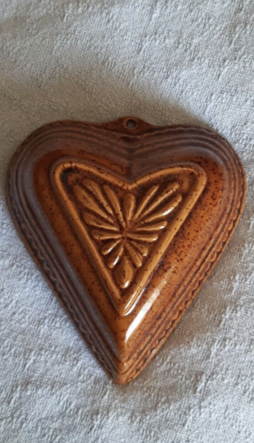 RARE: French Traditional Antique Heart  Alsace Pottery Glazed Cake Mould  1960s