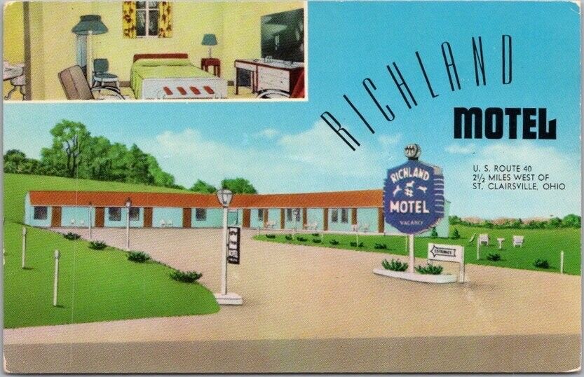 St. Clairsville, Ohio Postcard RICHLAND MOTEL Highway 40 Roadside / 1950s Chrome