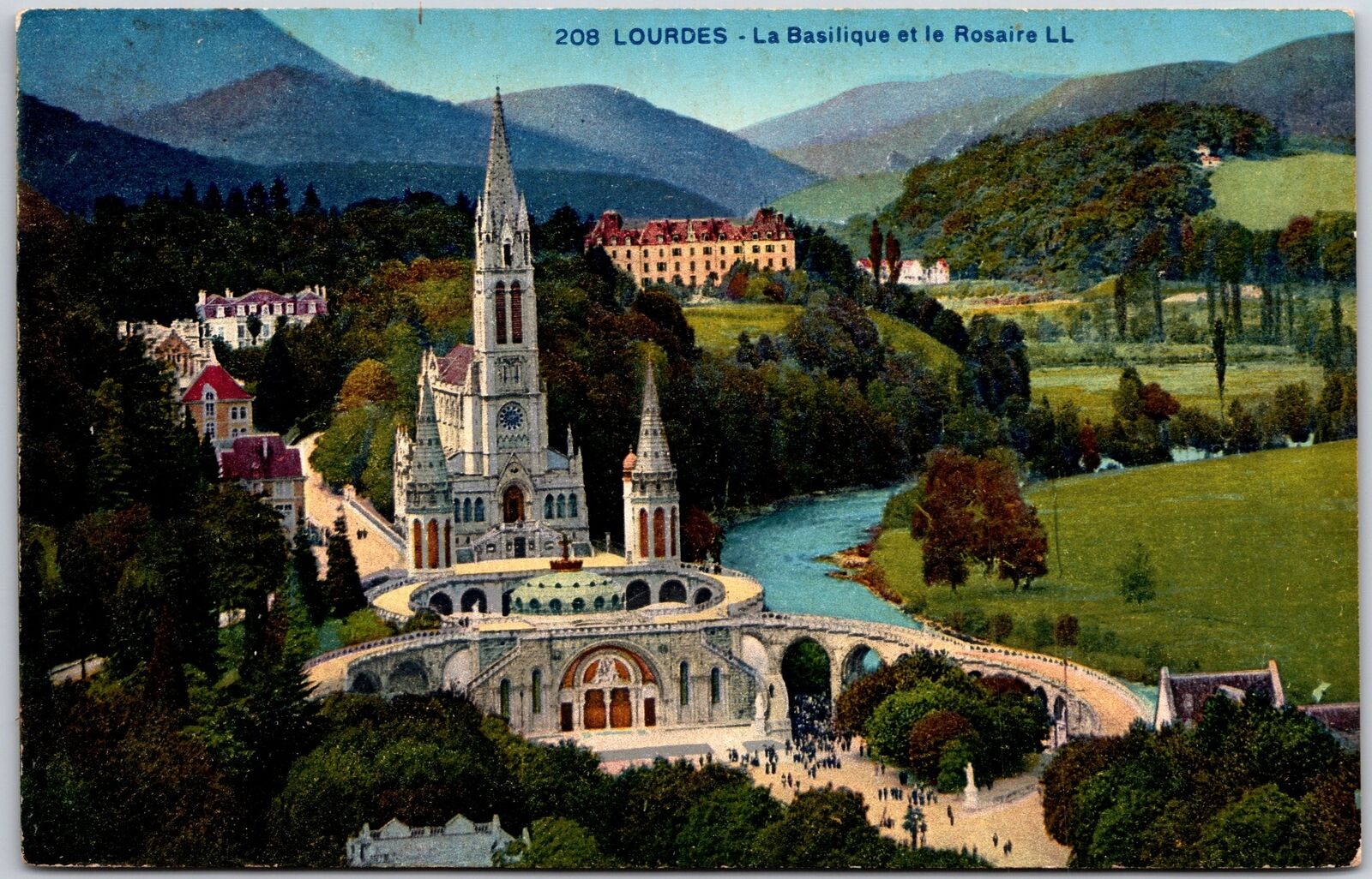 La Basilique et le Rosaire Lourdes France Landscaped Grounds Mountain Postcard