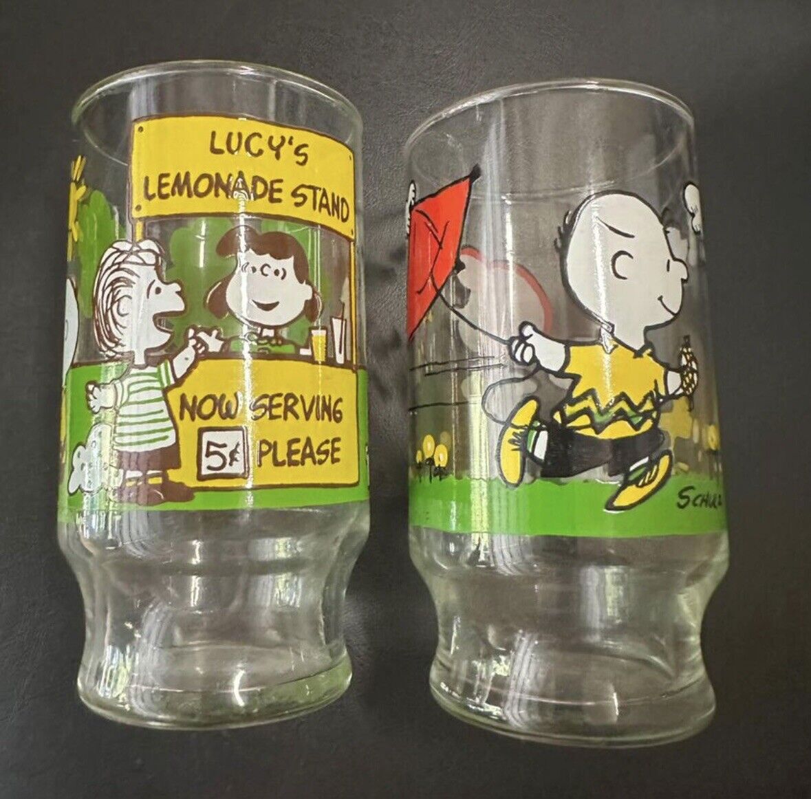 Vintage Peanuts Snoopy Pedestal Glasses Set 2 80s