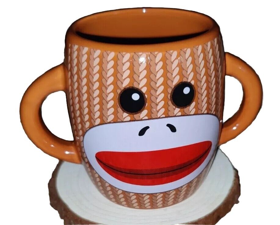 Sock Monkey Coffee Mug Double Handles Tea Cup Ceramic Novelty Nostalgia EUC Gift