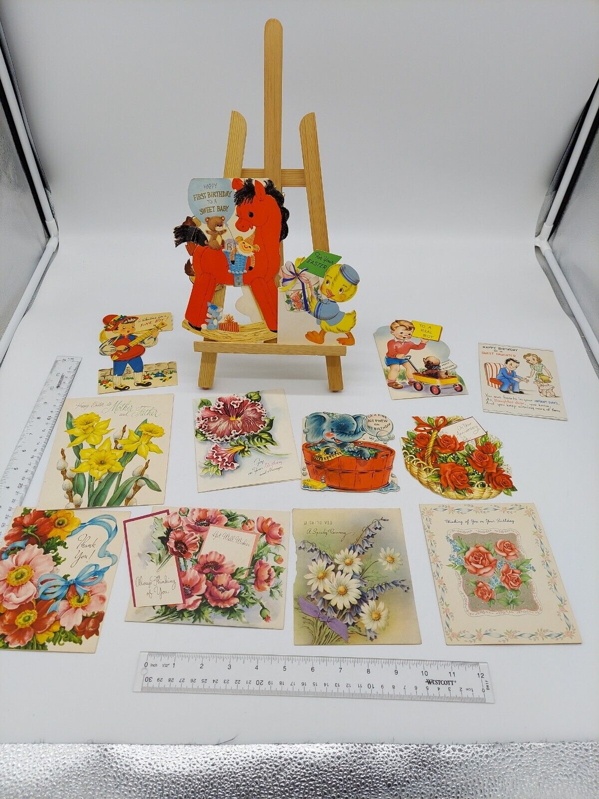 1940-50s used Greeting Cards Lot of 13+  Floral Children Red horse Dog Duck Elep