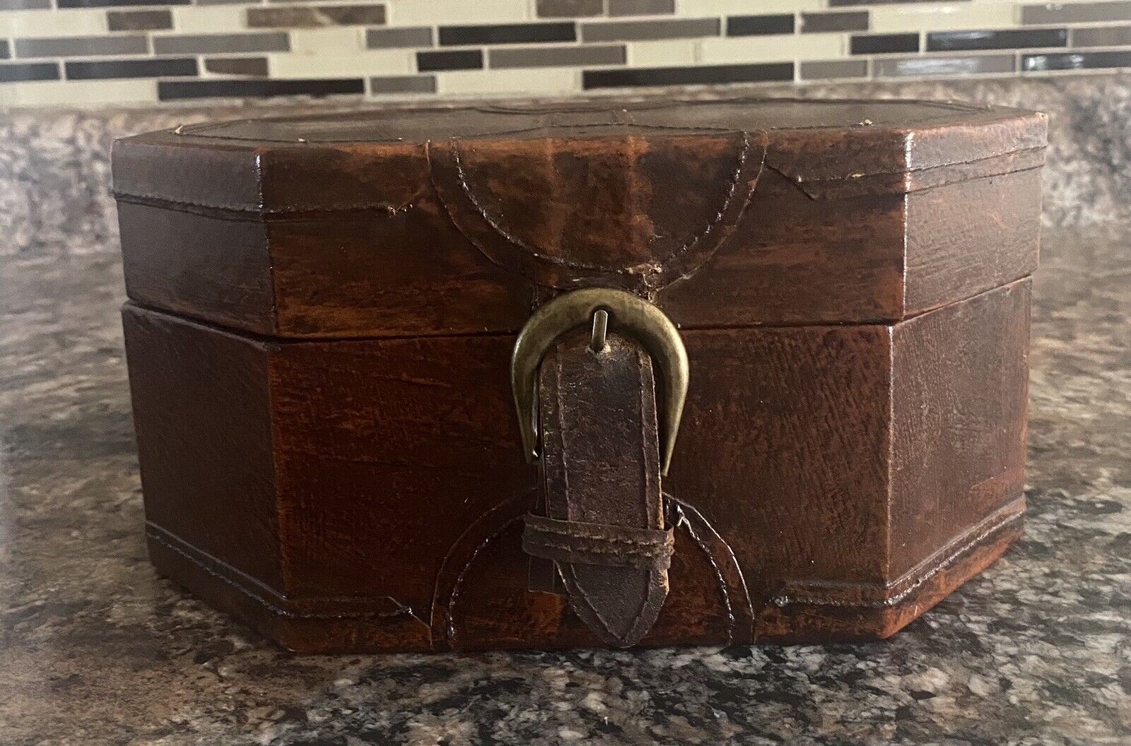 Vintage Wooden Storage  Box With Buckle  Snap Closure. Estate Find