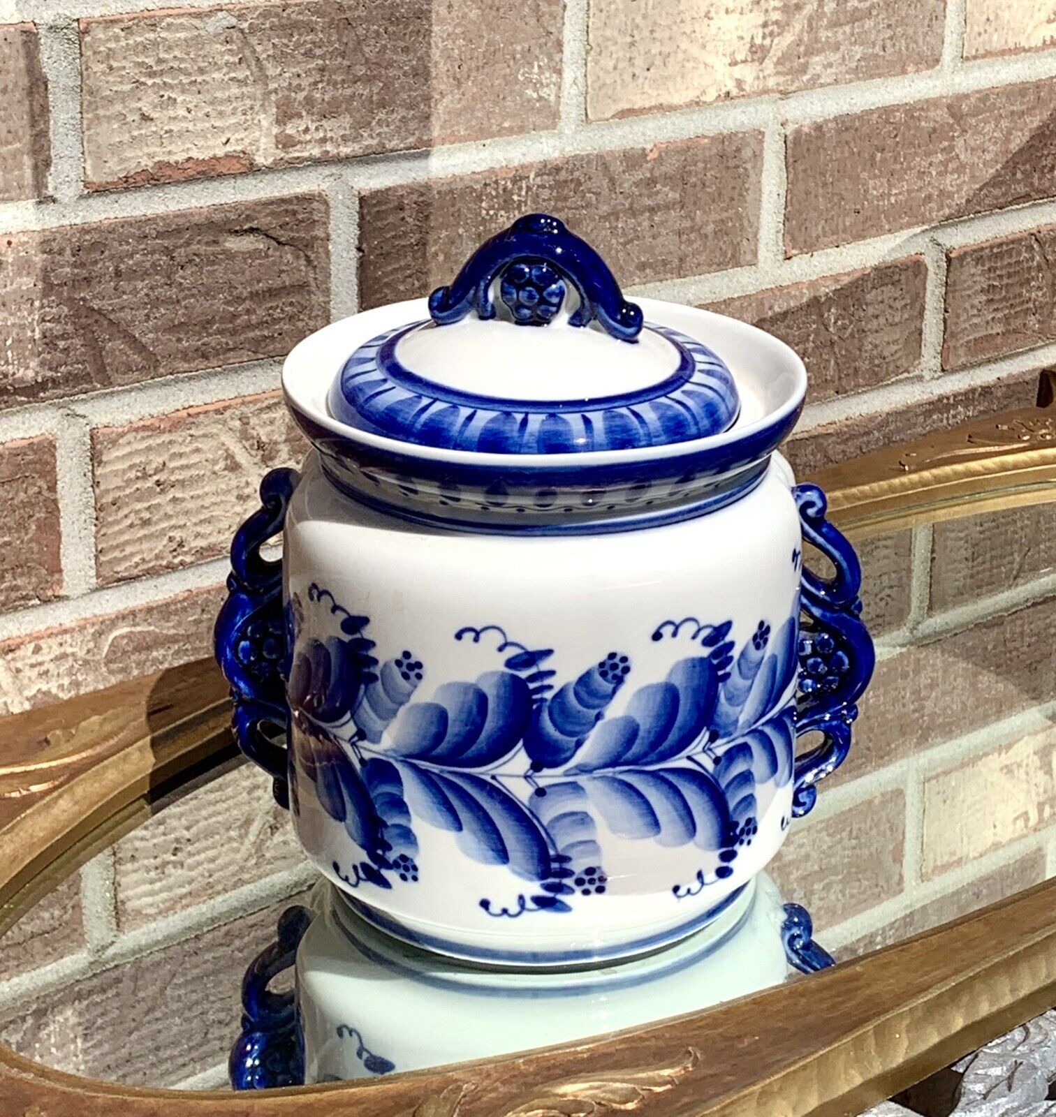 Vintage Gzhel Гжель Russia Blue & White Porcelain Jar Canister & Lid~ 7.75” Tall