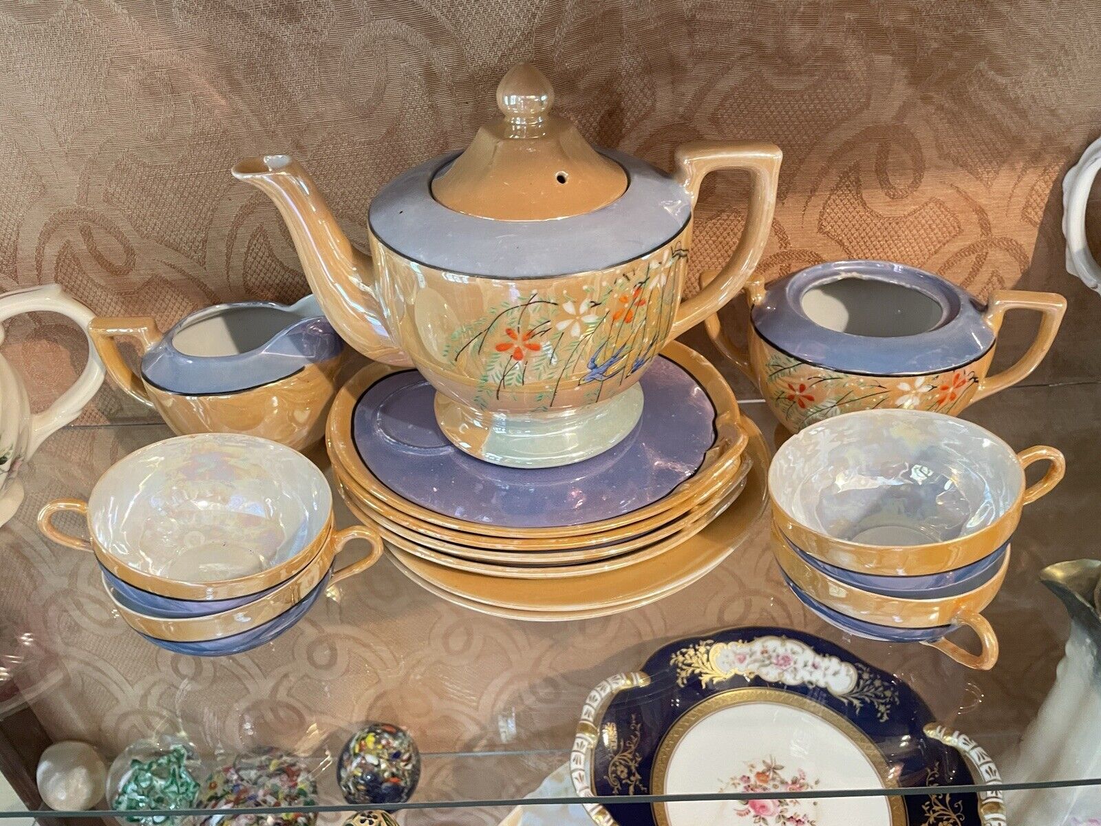 Vintage Japanese Peach &  Iridescent Lusterware Tea Set W/ Creamer & Sugar Bowls