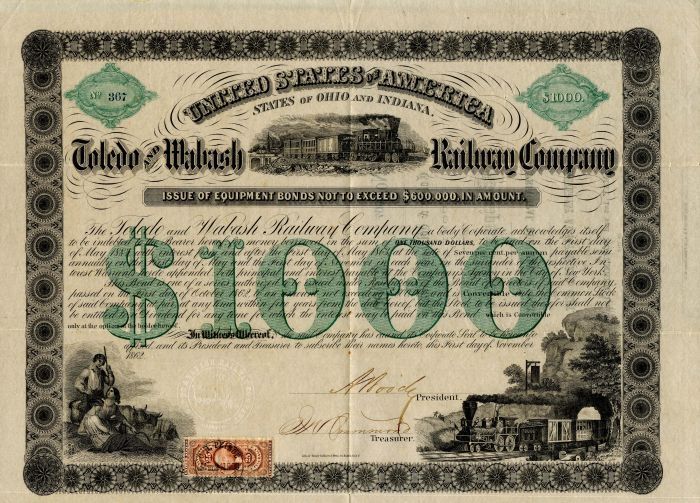 Toledo and Wabash Railway Co. - 1862 dated $1,000 Railroad Bond - Railroad Bonds