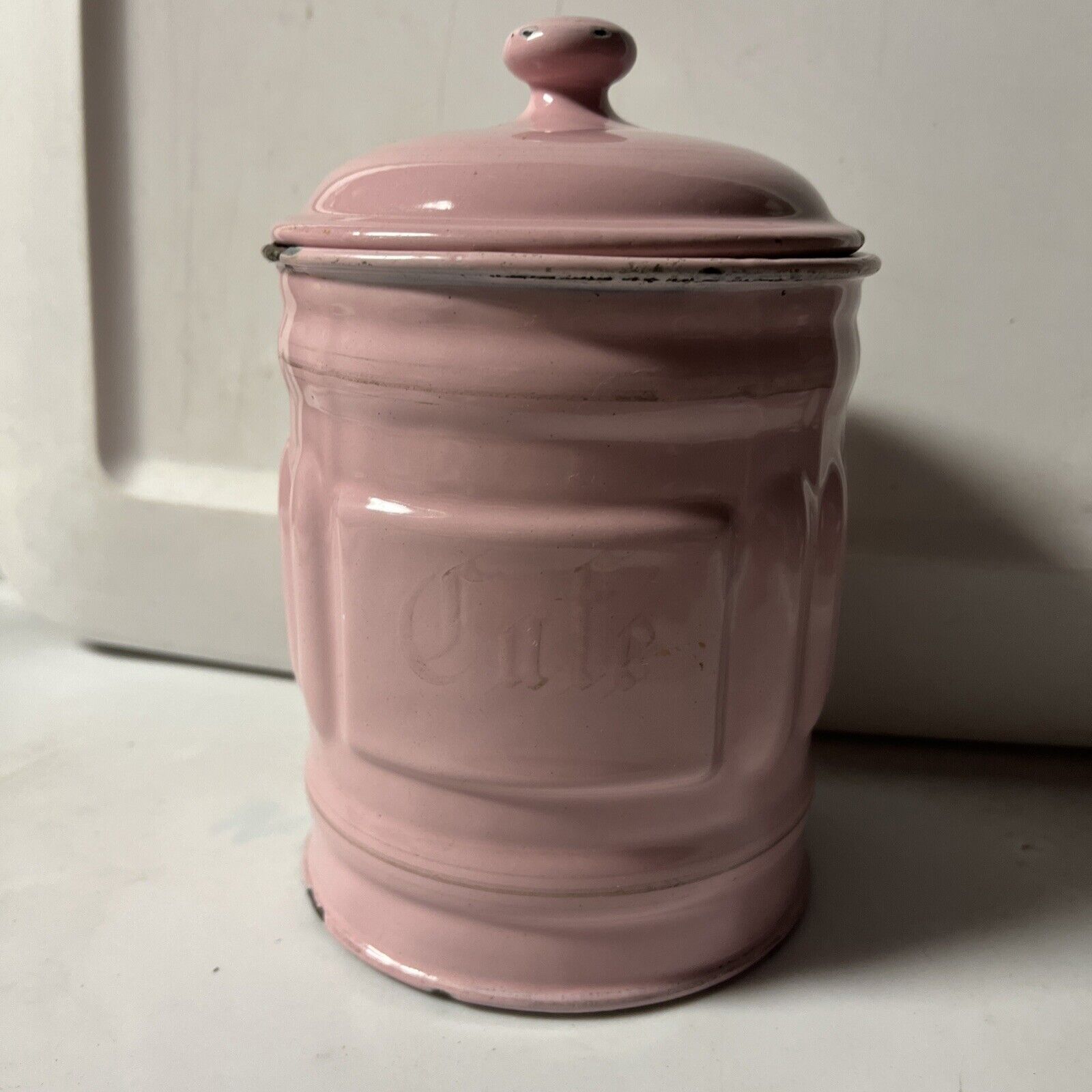 VINTAGE PINK ENAMELWARE CANISTER CAFE-COFFEE 7” Tall