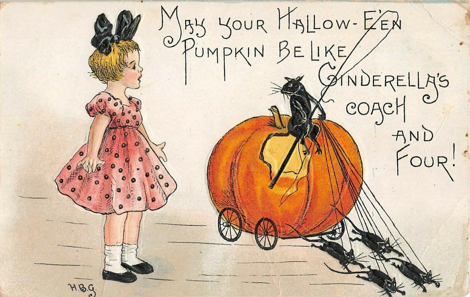 c.1909 sgd. HBG Jack O Lantern Coach Pulled & Driven by Mice Halloween post card